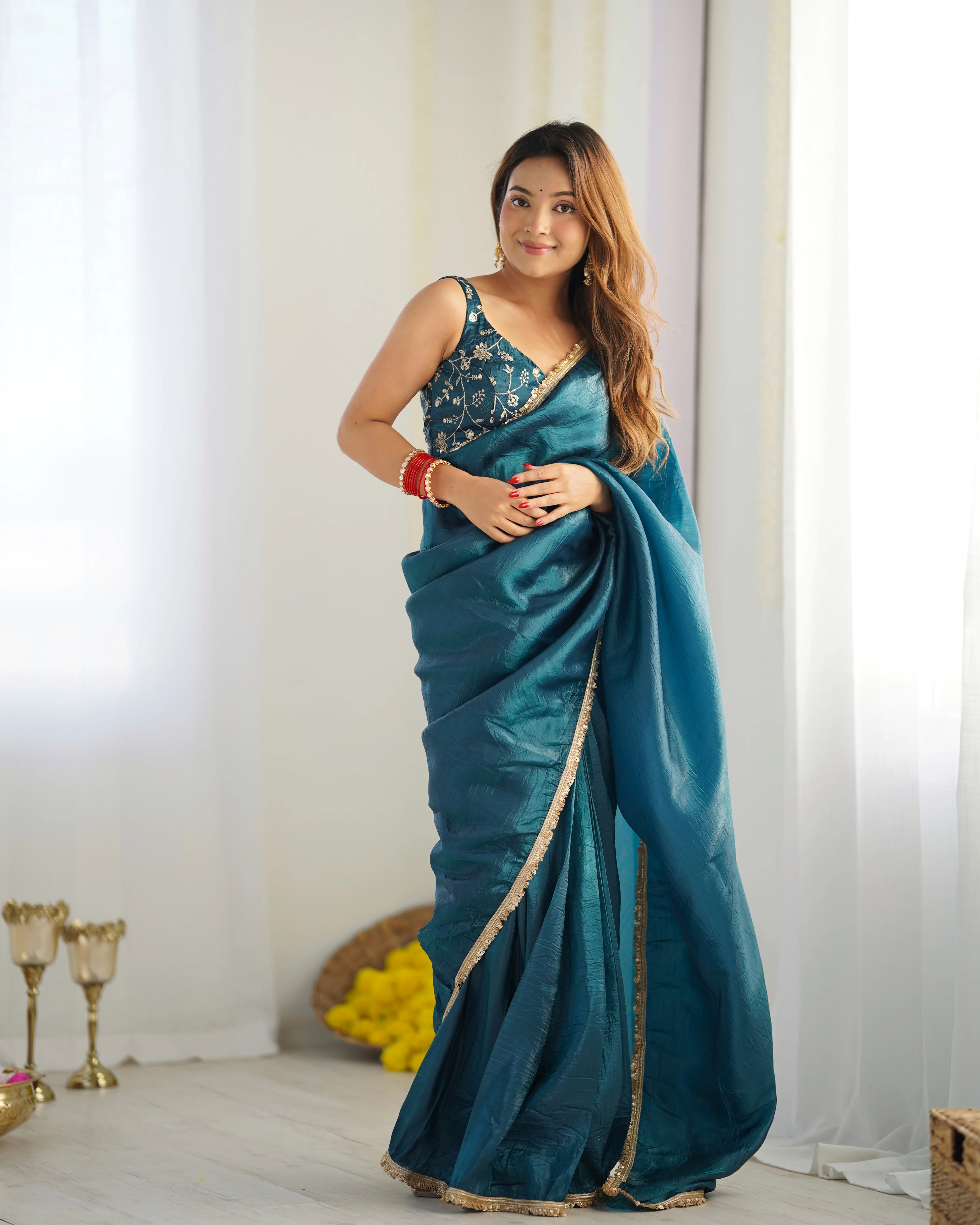 Teal Blue Color Tissue Silk Pre Draped Saree - Image 3