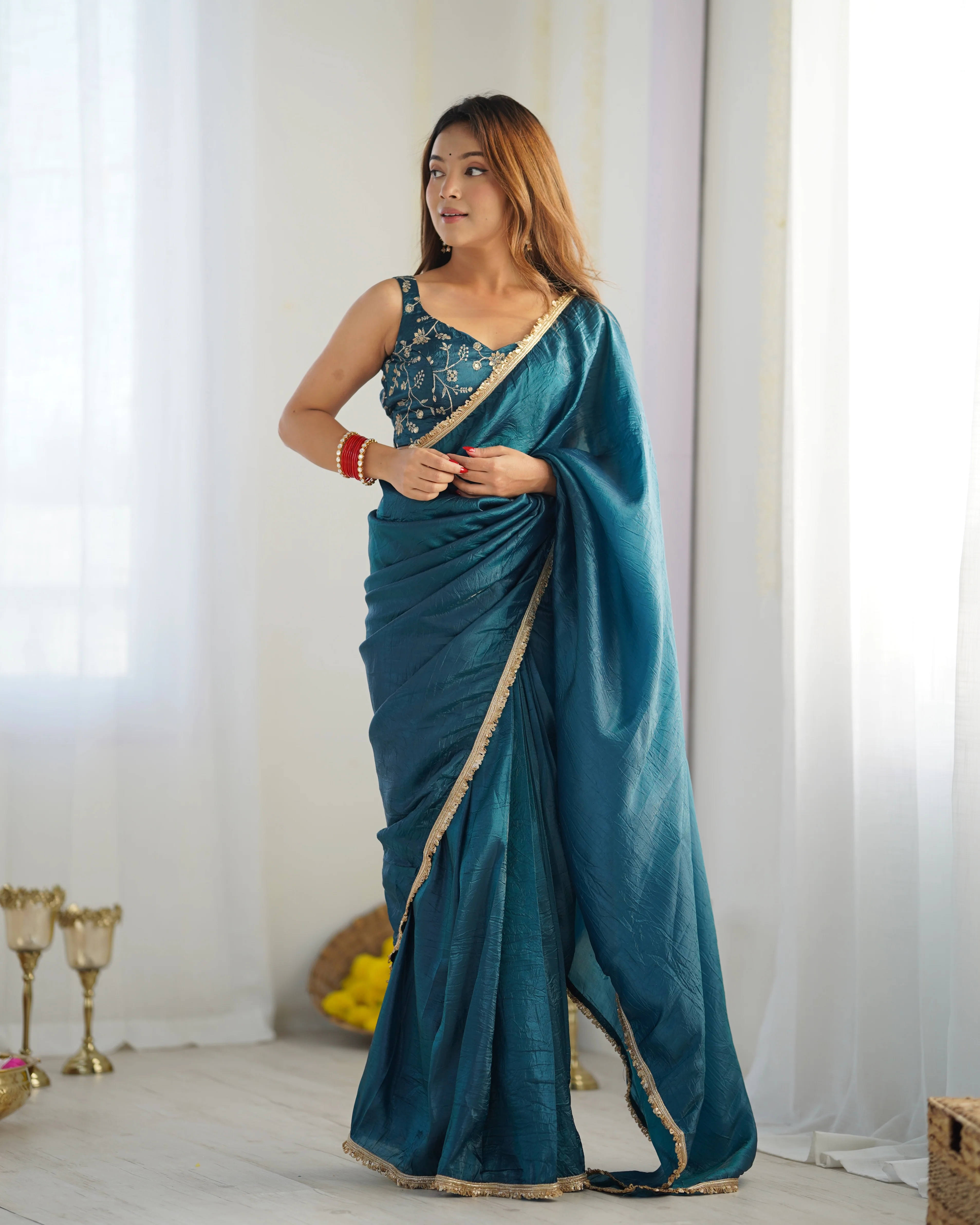 Teal Blue Color Tissue Silk Pre Draped Saree - Image 5