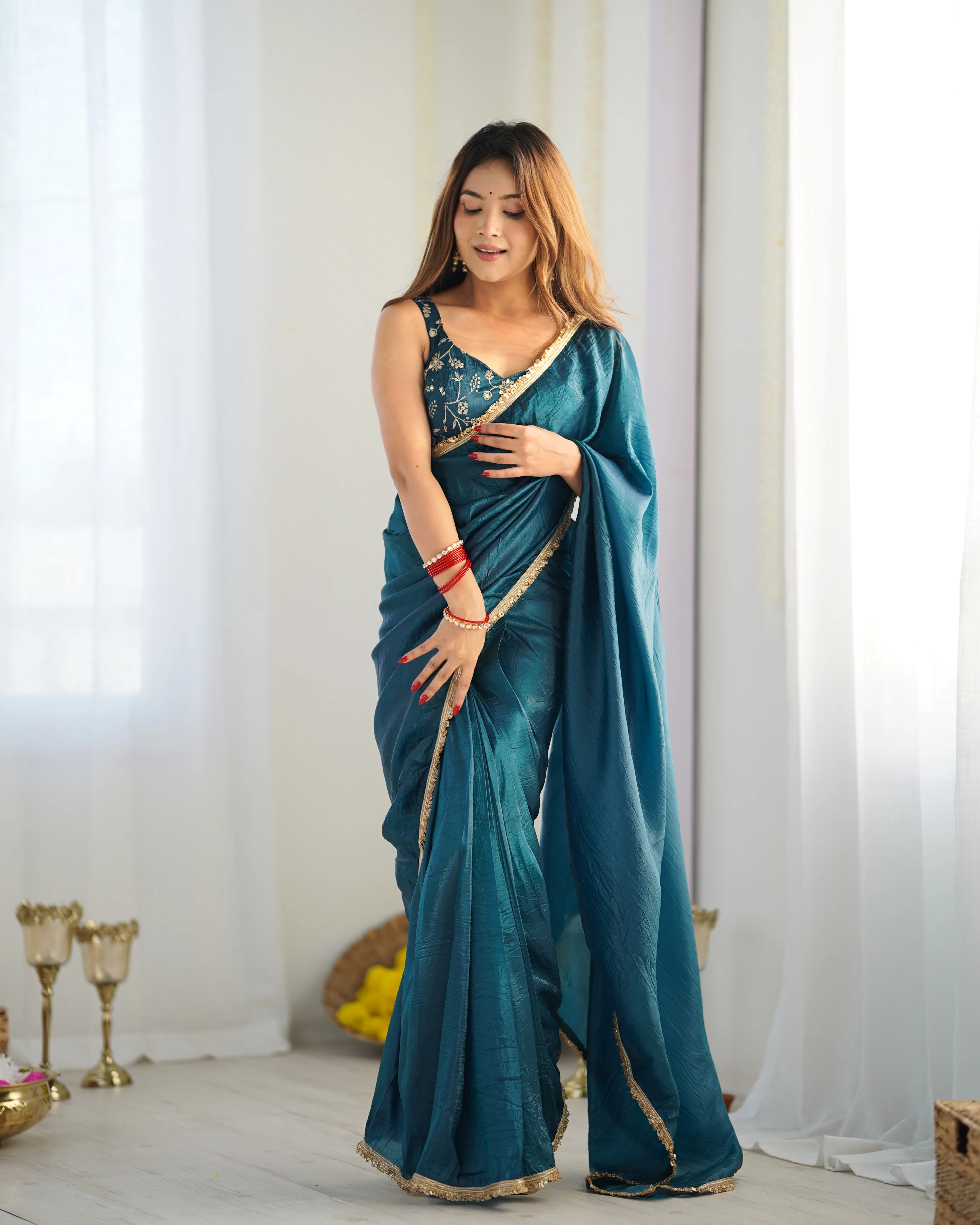 Teal Blue Color Tissue Silk Pre Draped Saree - Image 6