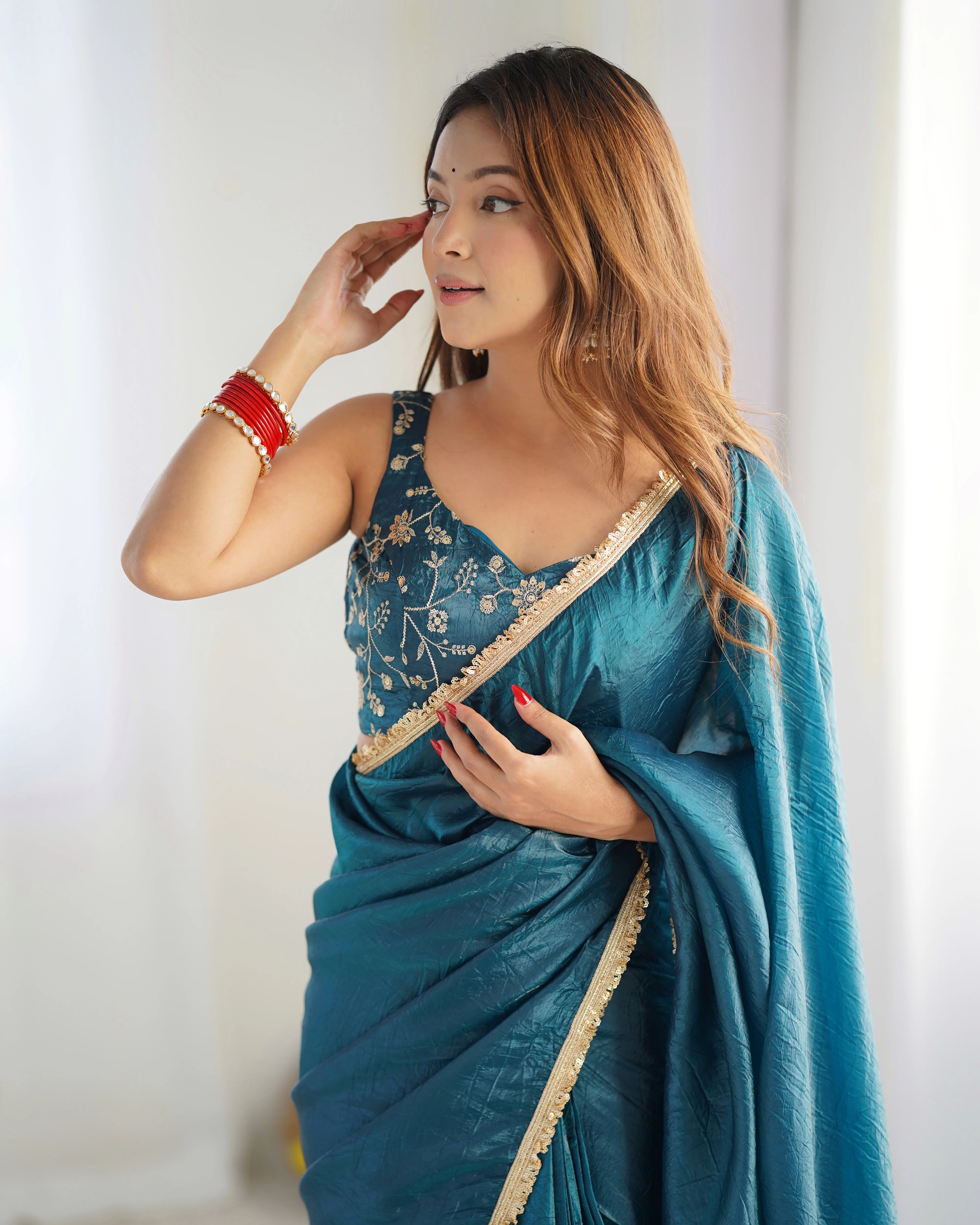 Teal Blue Color Tissue Silk Pre Draped Saree - Image 7