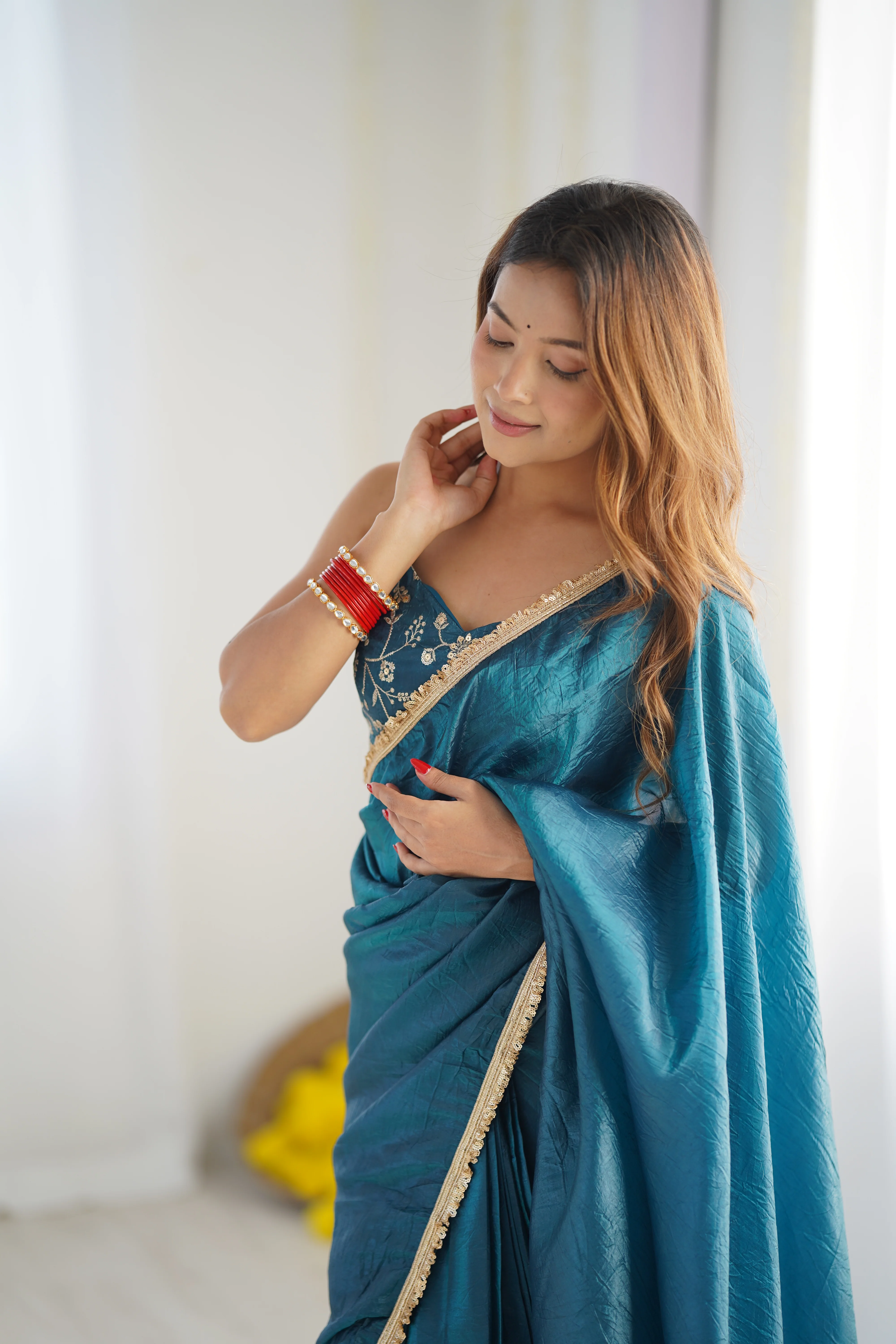 Teal Blue Color Tissue Silk Pre Draped Saree - Image 8