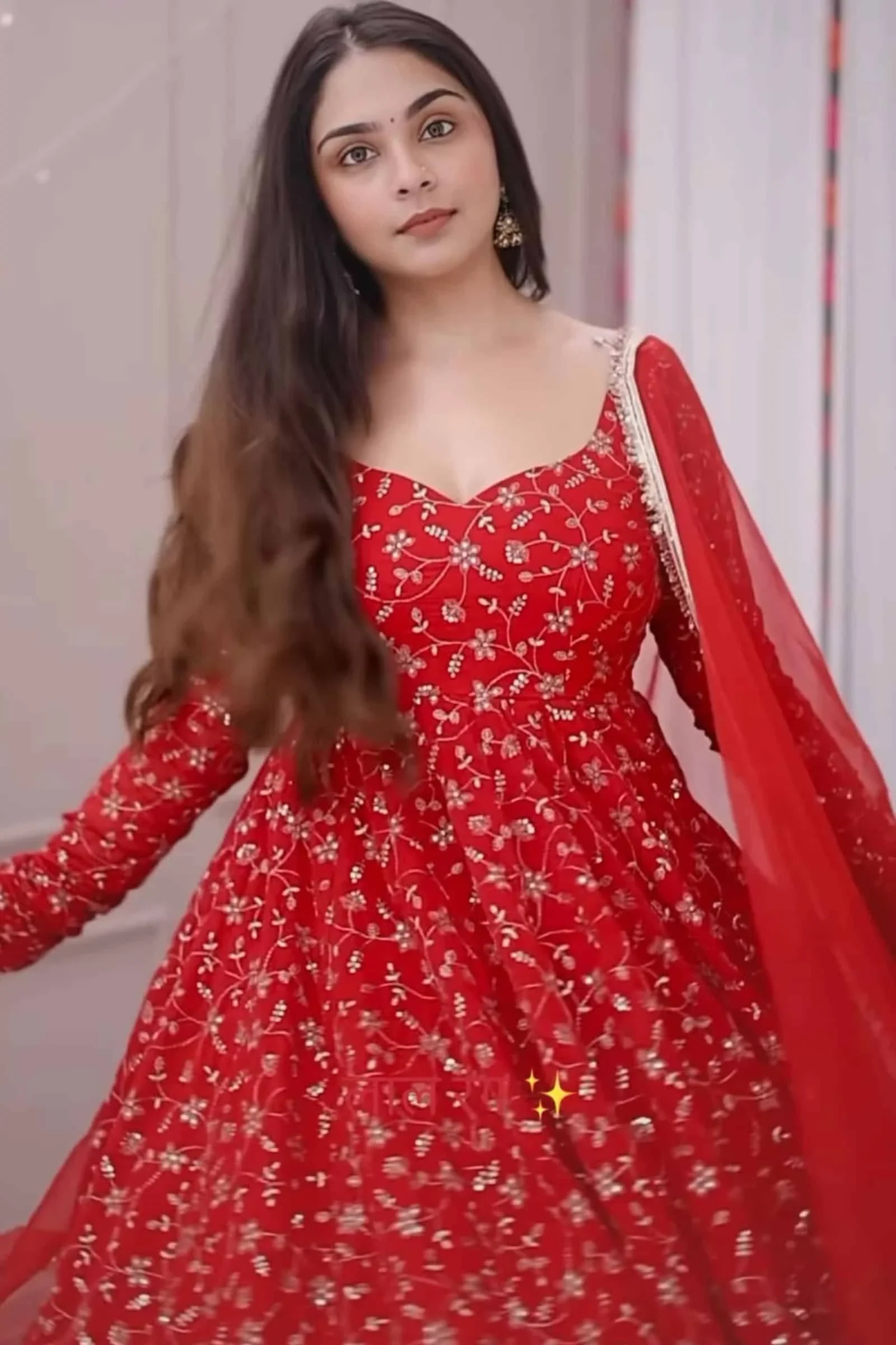 Traditional Red Embroidered Anarkali Suit Perfect for Festive Wear - Image 3