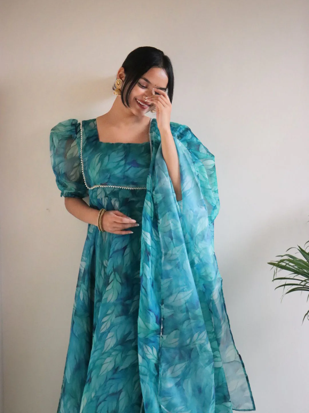 Trending Aqua Blue Printed With Beautiful Work Aliya Cut Suit - Image 2