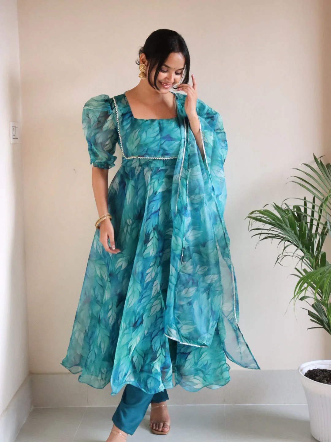 Trending Aqua Blue Printed With Beautiful Work Aliya Cut Suit - Image 3