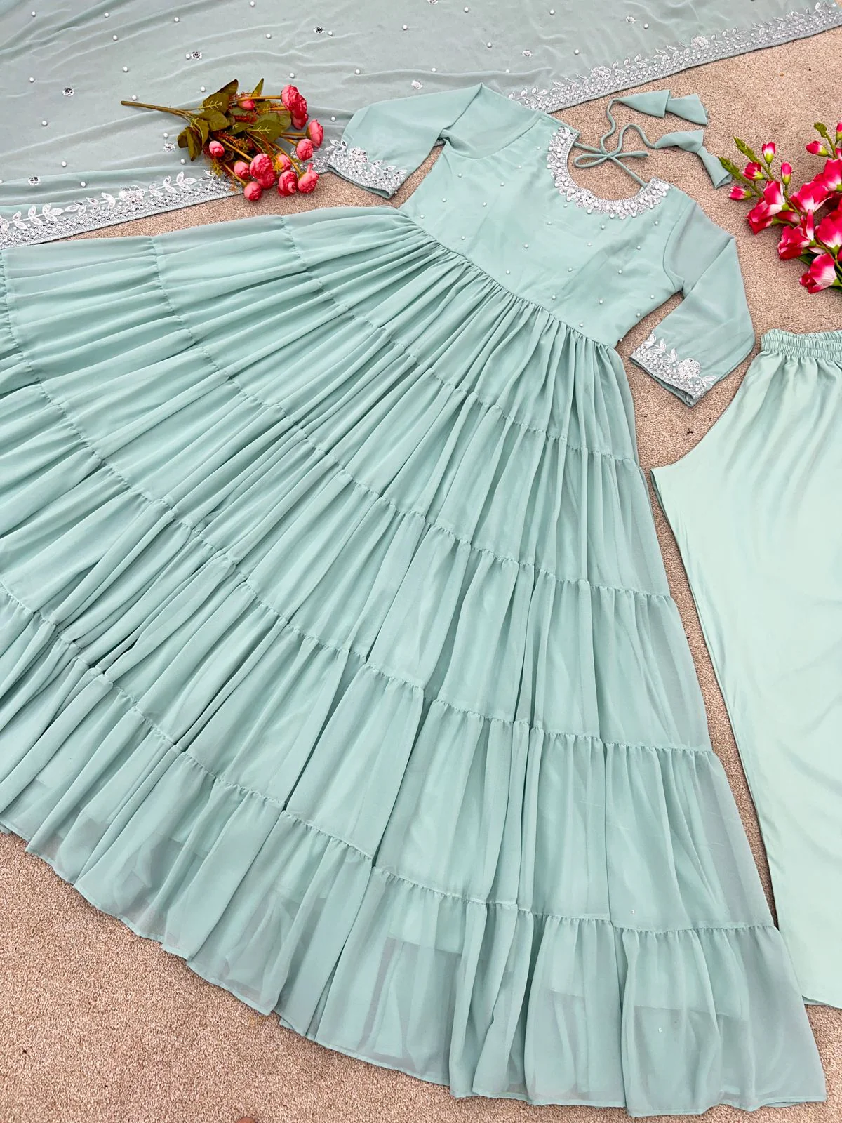 Trendy Pista Green Color Ruffle Style Anarkali Gown - Image 5