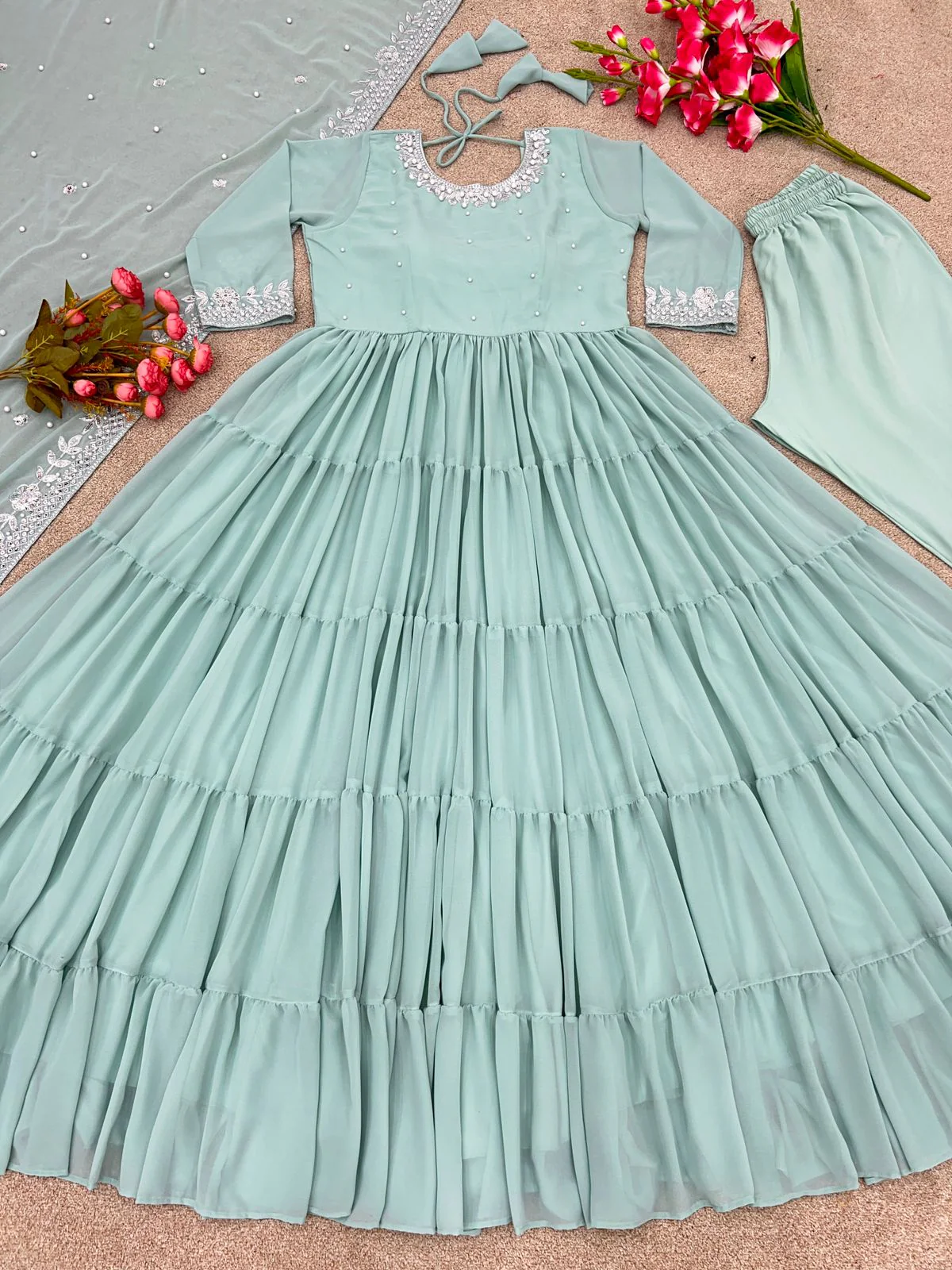 Trendy Pista Green Color Ruffle Style Anarkali Gown - Image 6