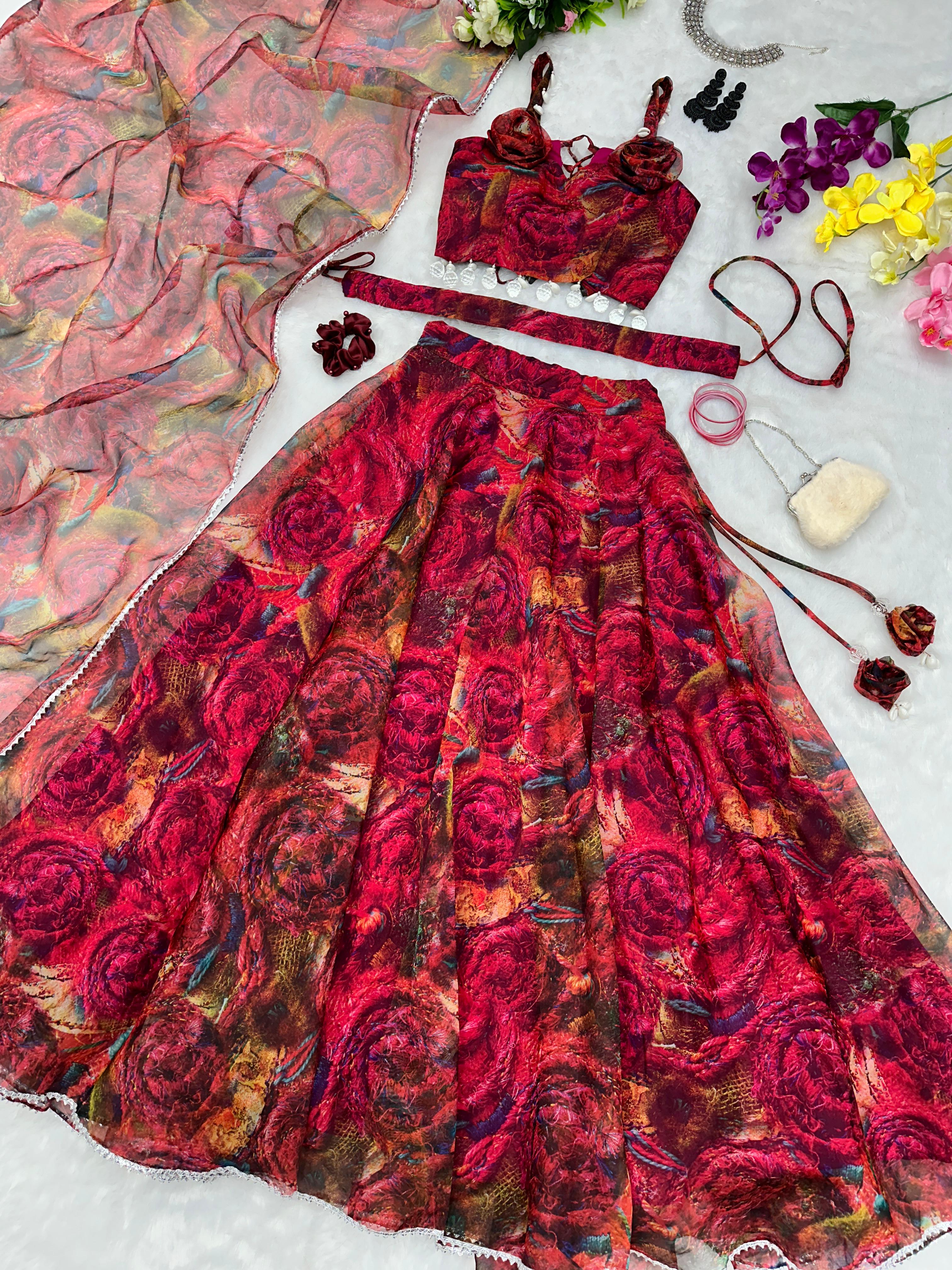 Unique Printed With Work Red Lehenga Choli - Image 3