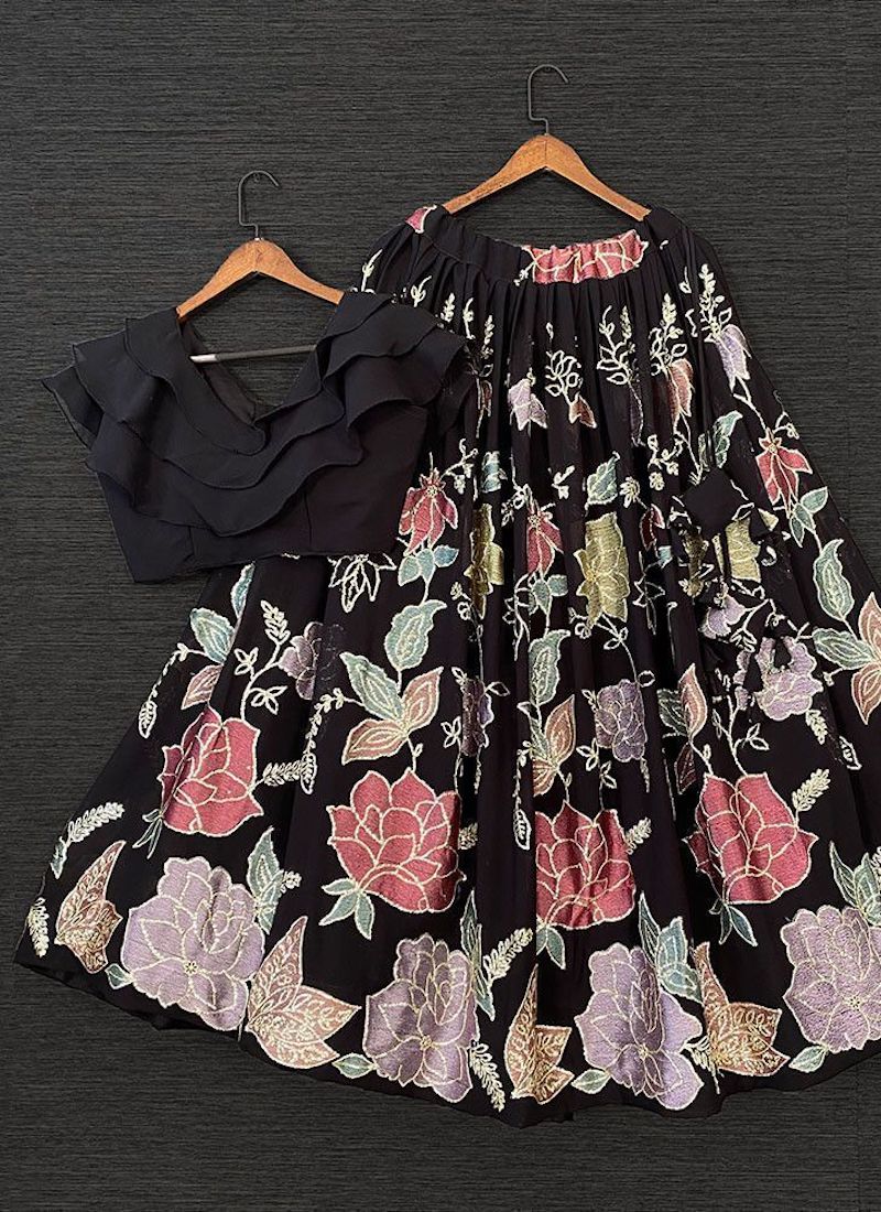 Stylish Black Sequins Georgette Party Wear Crop Top Lehenga - Image 3