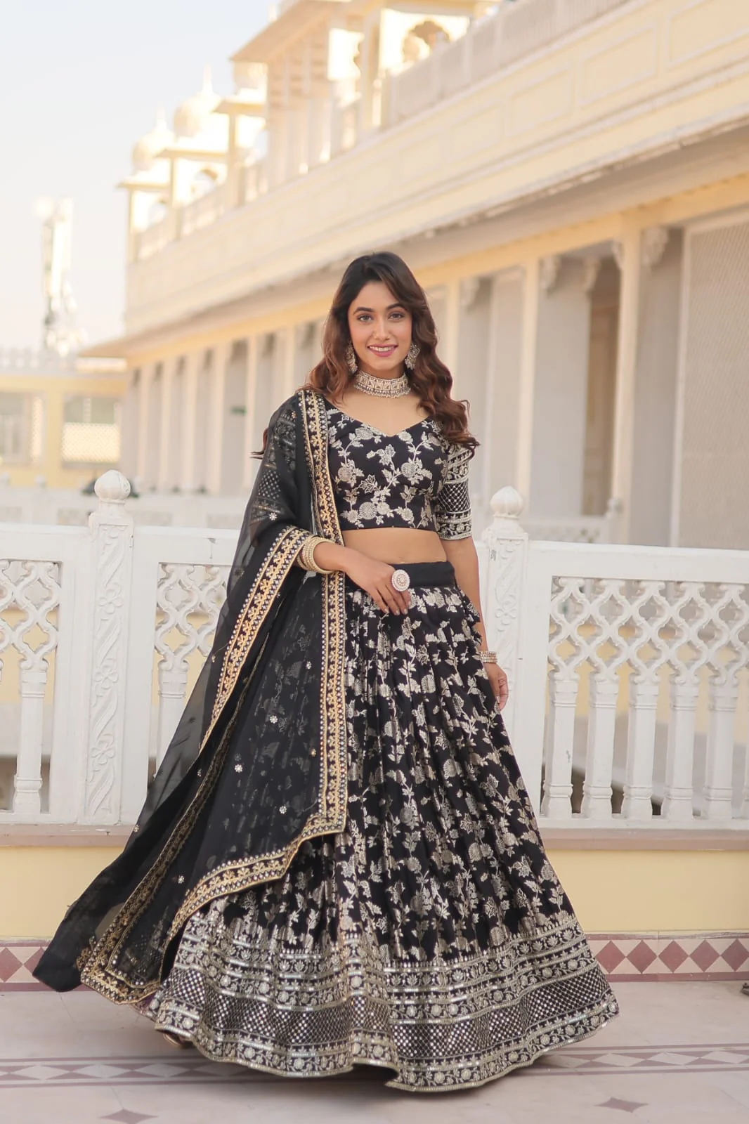 Weeding Wear Black Color Jacquard Embroidered Sequins Work Lehenga Choli - Image 3