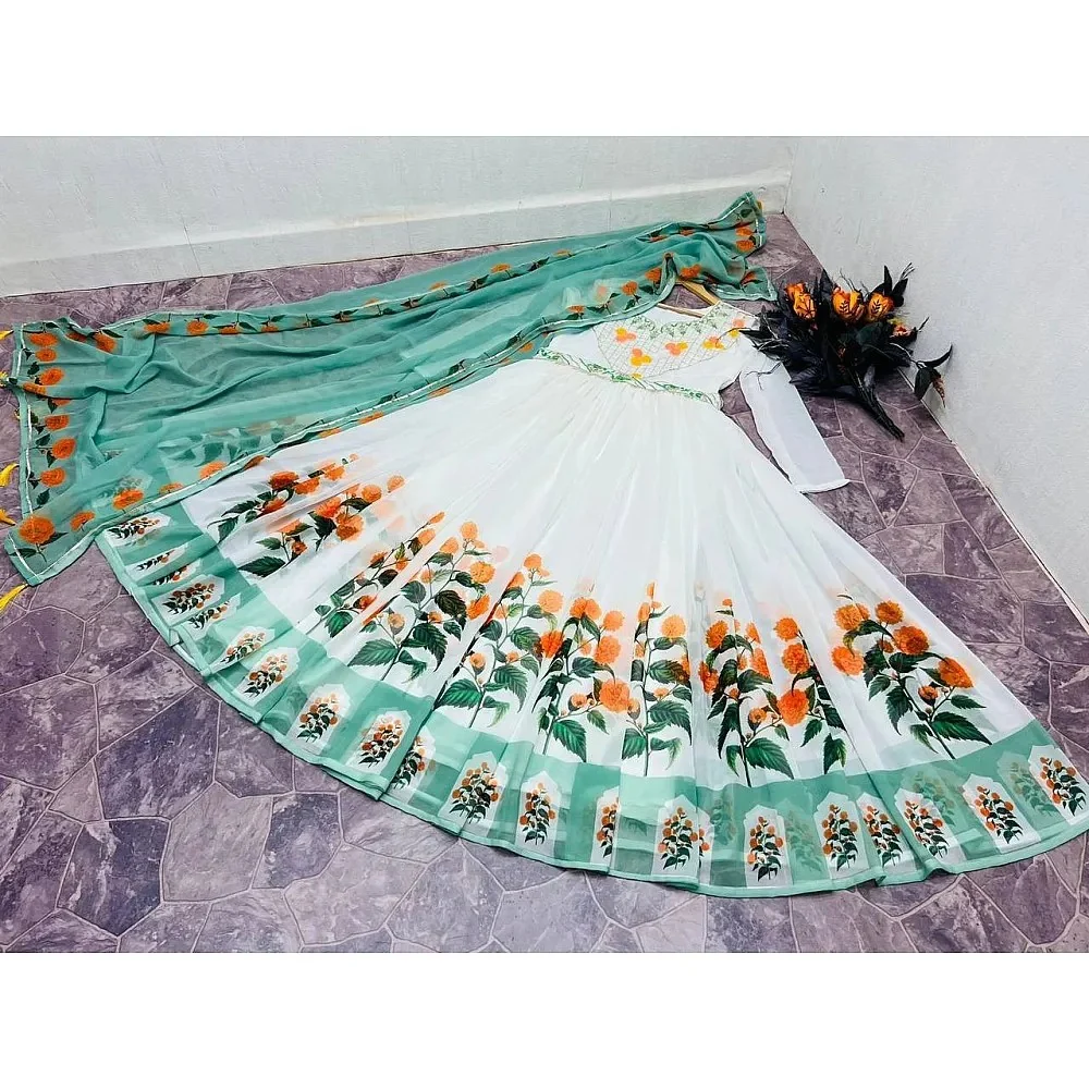 White Color Embroidery Work & Digital Printed Gown - Image 4