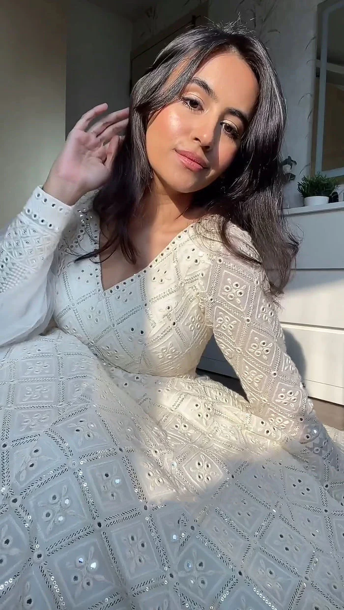 White Embroidered Georgette Fully Stitched Anarkali Suit Set - Image 2