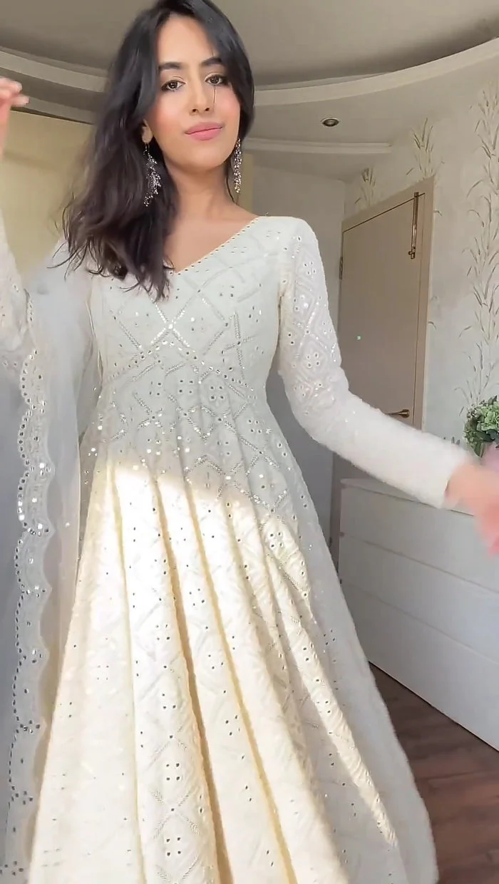 White Embroidered Georgette Fully Stitched Anarkali Suit Set - Image 3