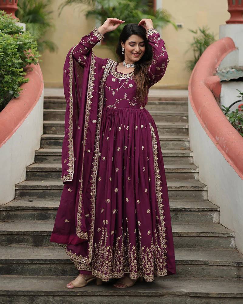Wine Color Designer Three Piece Sharara Suit - Image 3