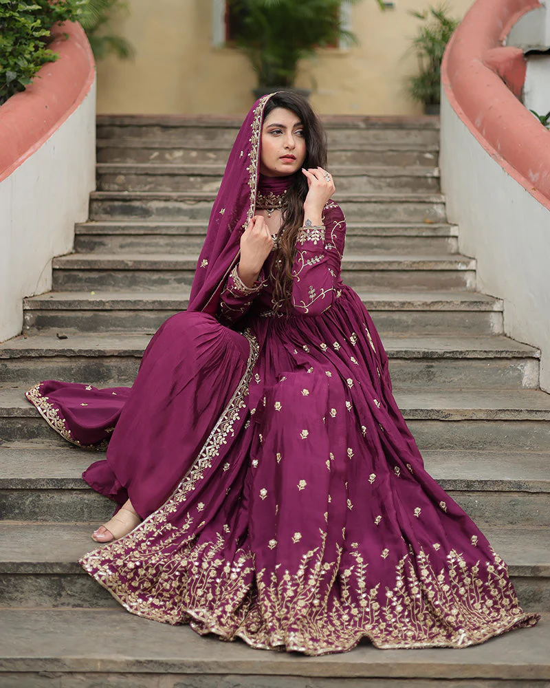 Wine Color Designer Three Piece Sharara Suit - Image 5