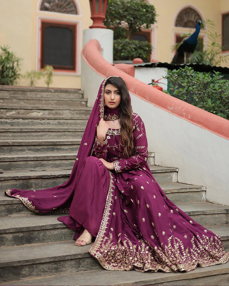 Wine Color Designer Three Piece Sharara Suit - Image 6