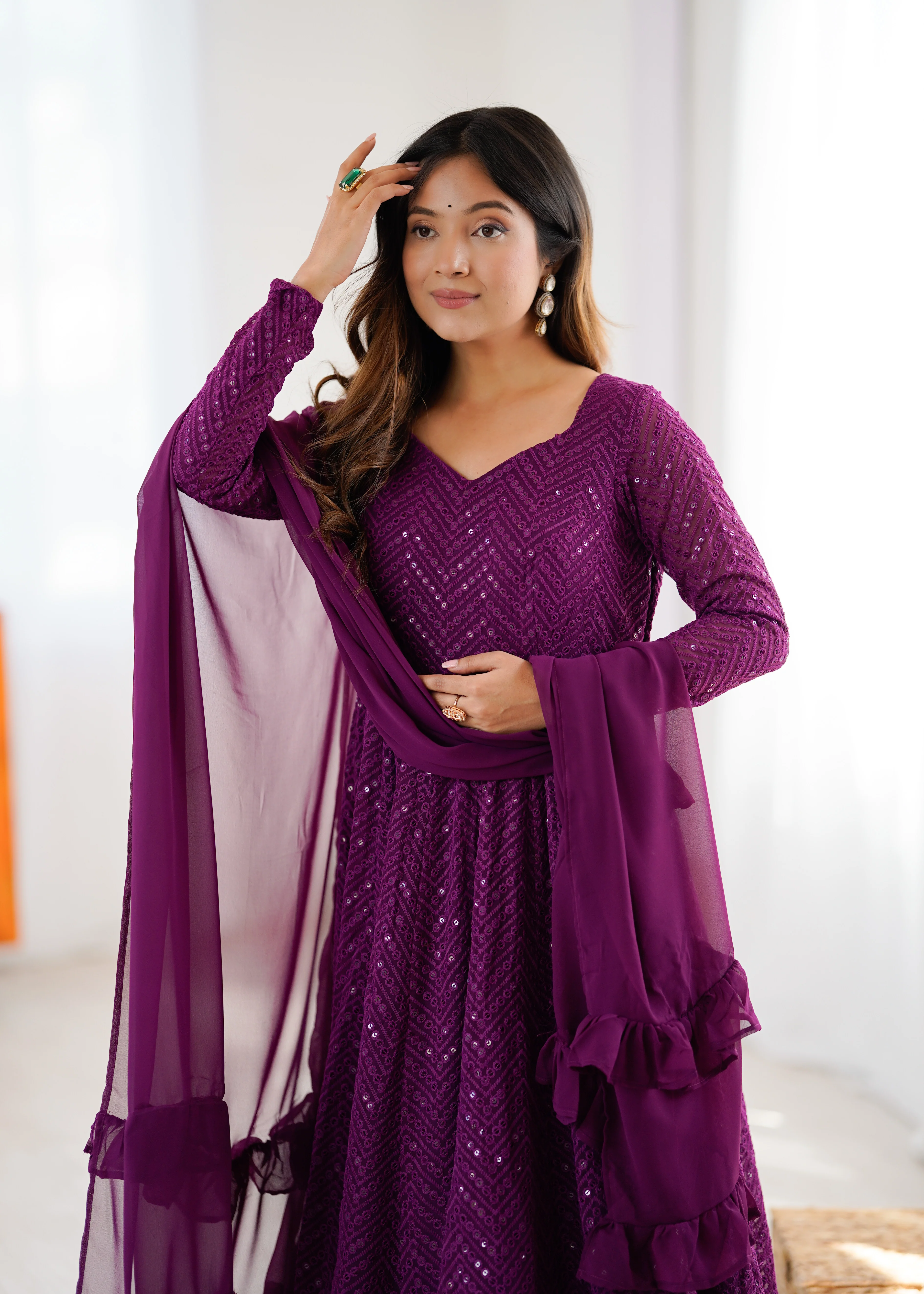 Wine Color Georgette Lucknowi Three Piece Anarkali Suit - Image 7