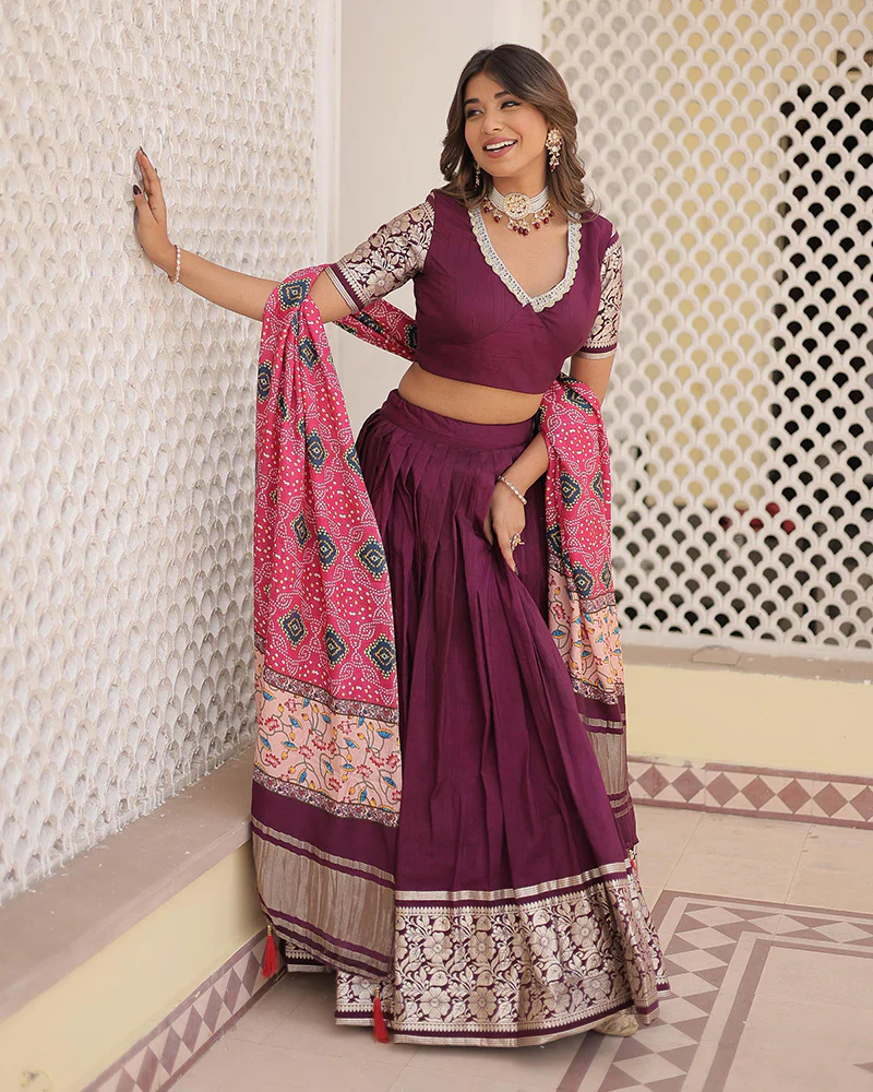 Wine Color Jacquard Lehenga Choli With Gaji Silk Dupatta - Image 2