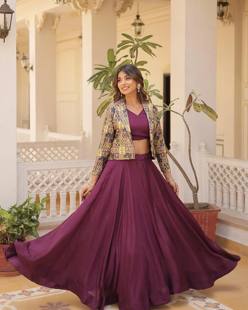 WINE COLOR PURE CHINNON LEHENGA CHOLI - Image 2