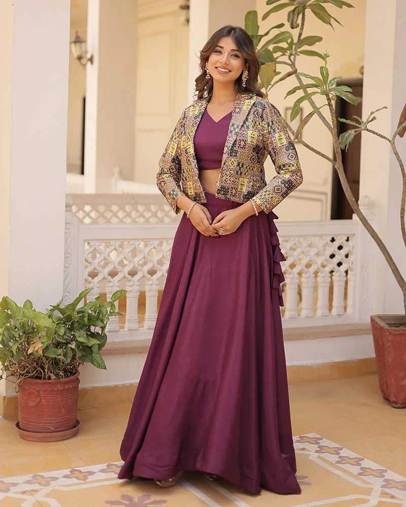 WINE COLOR PURE CHINNON LEHENGA CHOLI - Image 3