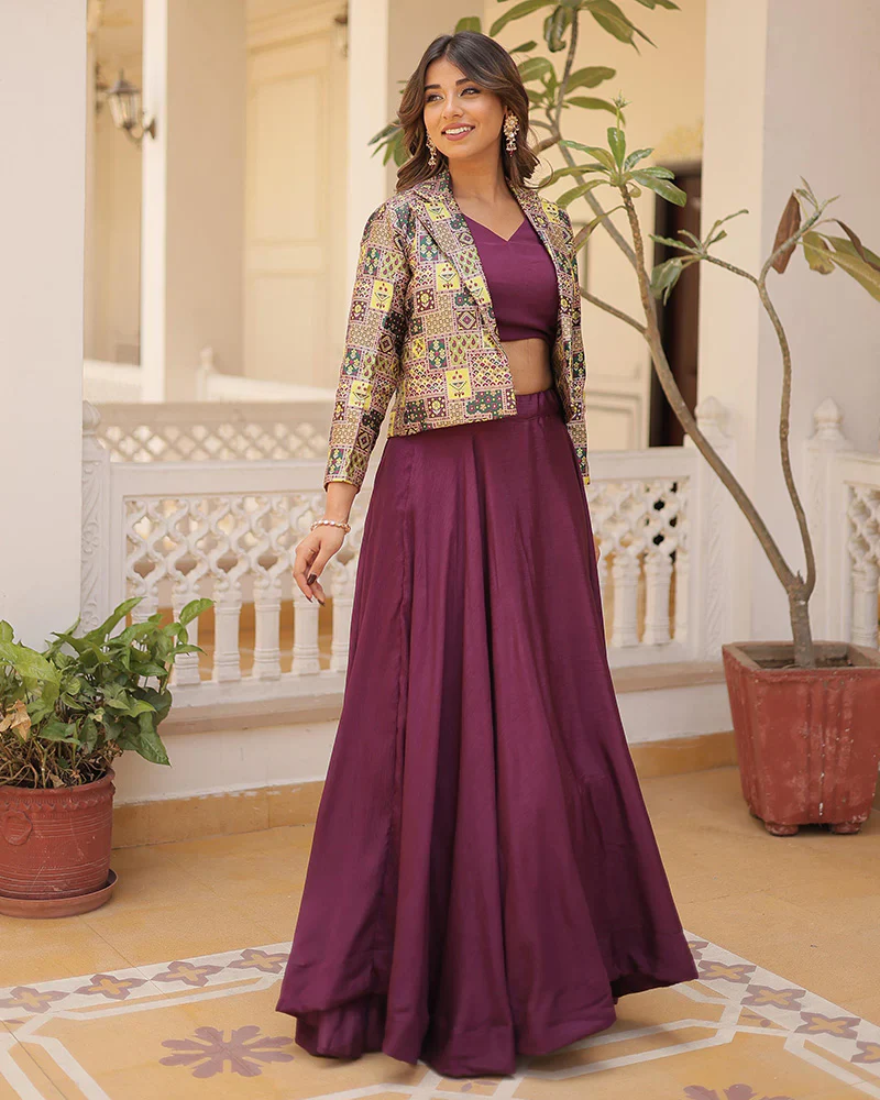 WINE COLOR PURE CHINNON LEHENGA CHOLI - Image 5