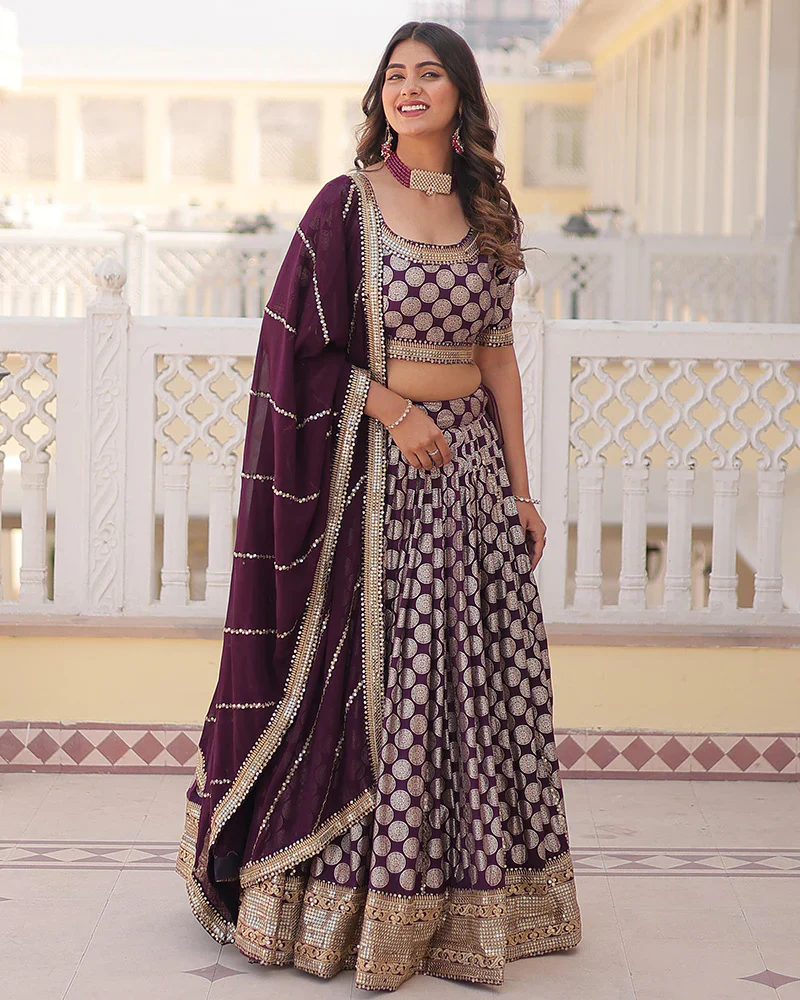 WINE COLOR PURE VISCOSE JACQUARD LEHENGA CHOLI - Image 3