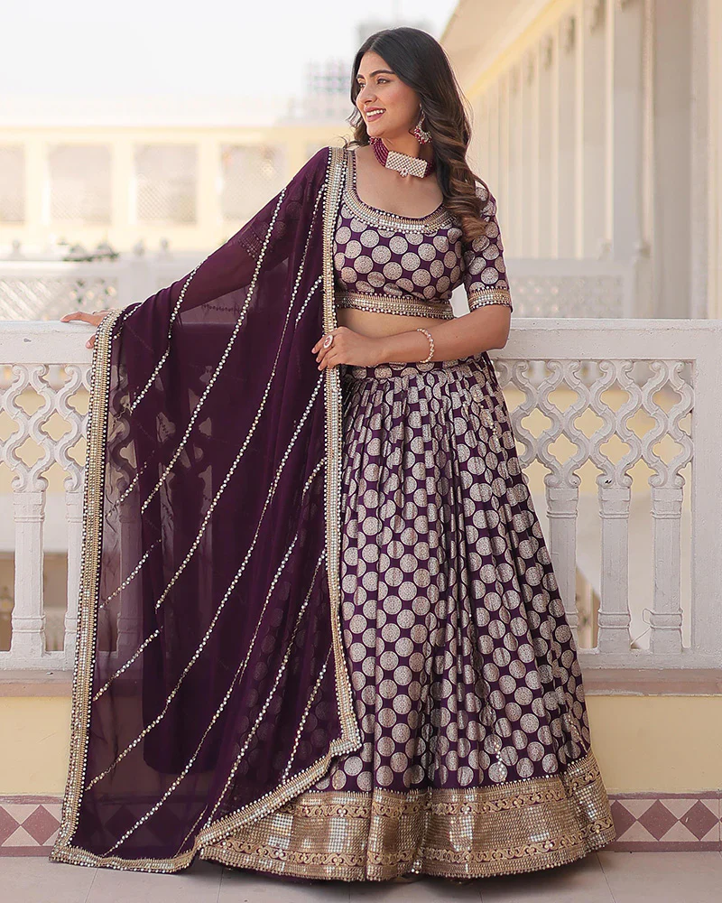 WINE COLOR PURE VISCOSE JACQUARD LEHENGA CHOLI - Image 5