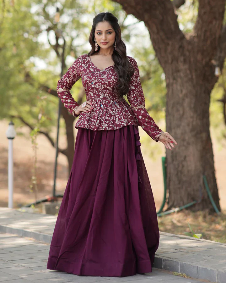 Wine Color Vichitra Shimmer Crop Top Lehenga Choli - Image 2