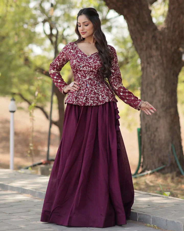 Wine Color Vichitra Shimmer Crop Top Lehenga Choli - Image 3