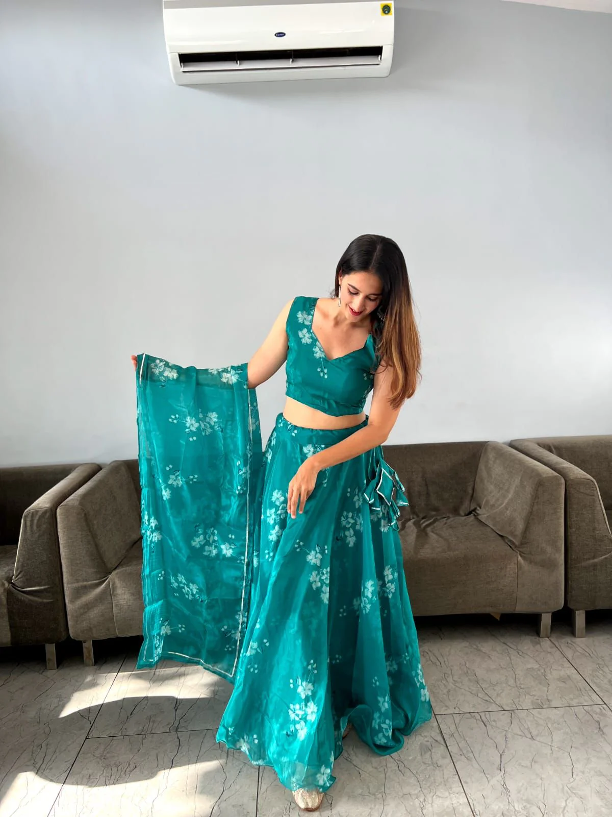 Wonderful Aqua Green Organza Silk Lehenga Choli - Image 2