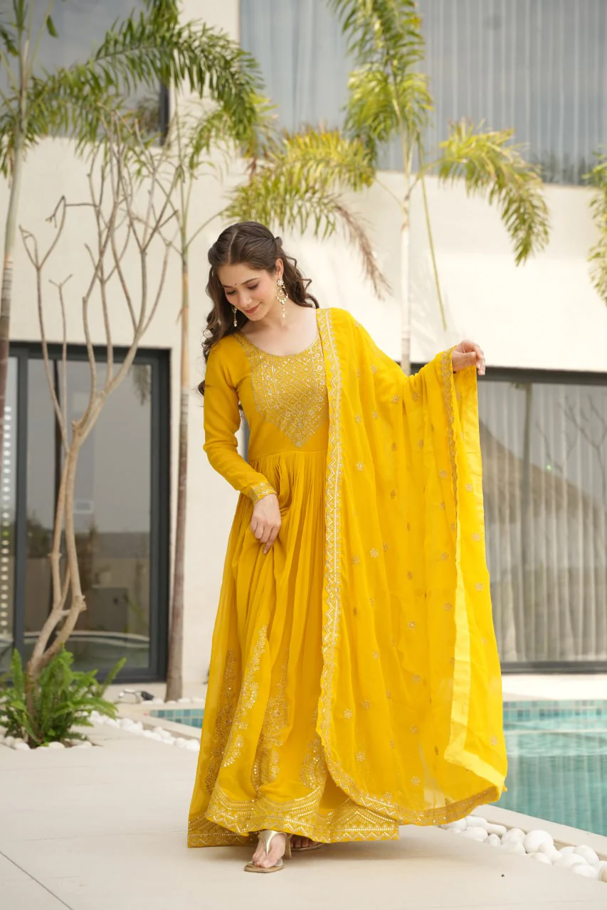 Yellow Color Faux Blooming Embroidered Gown - Image 8