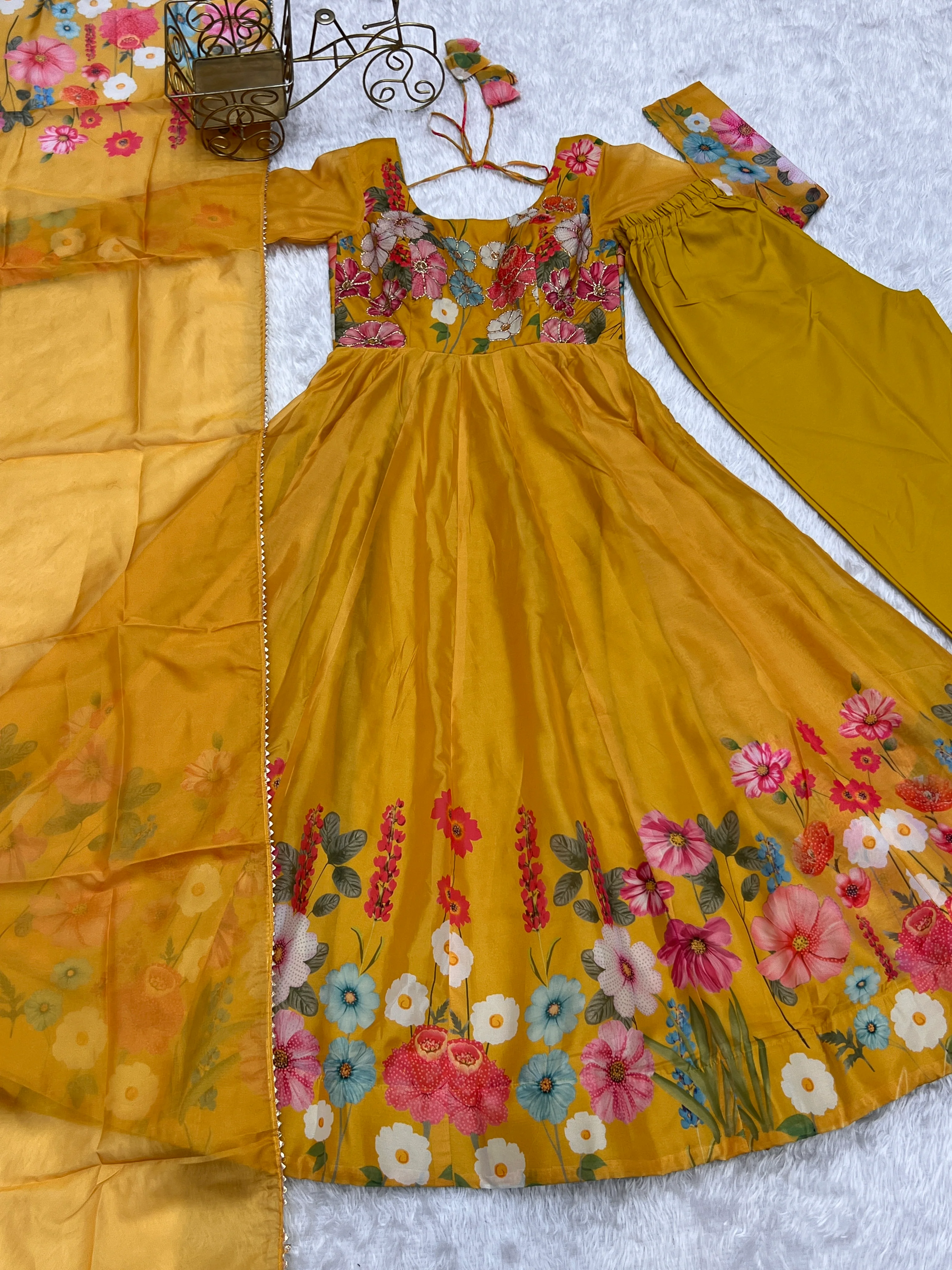 Yellow Color Floral Print Organza Three Piece Anarkali Suit - Image 10
