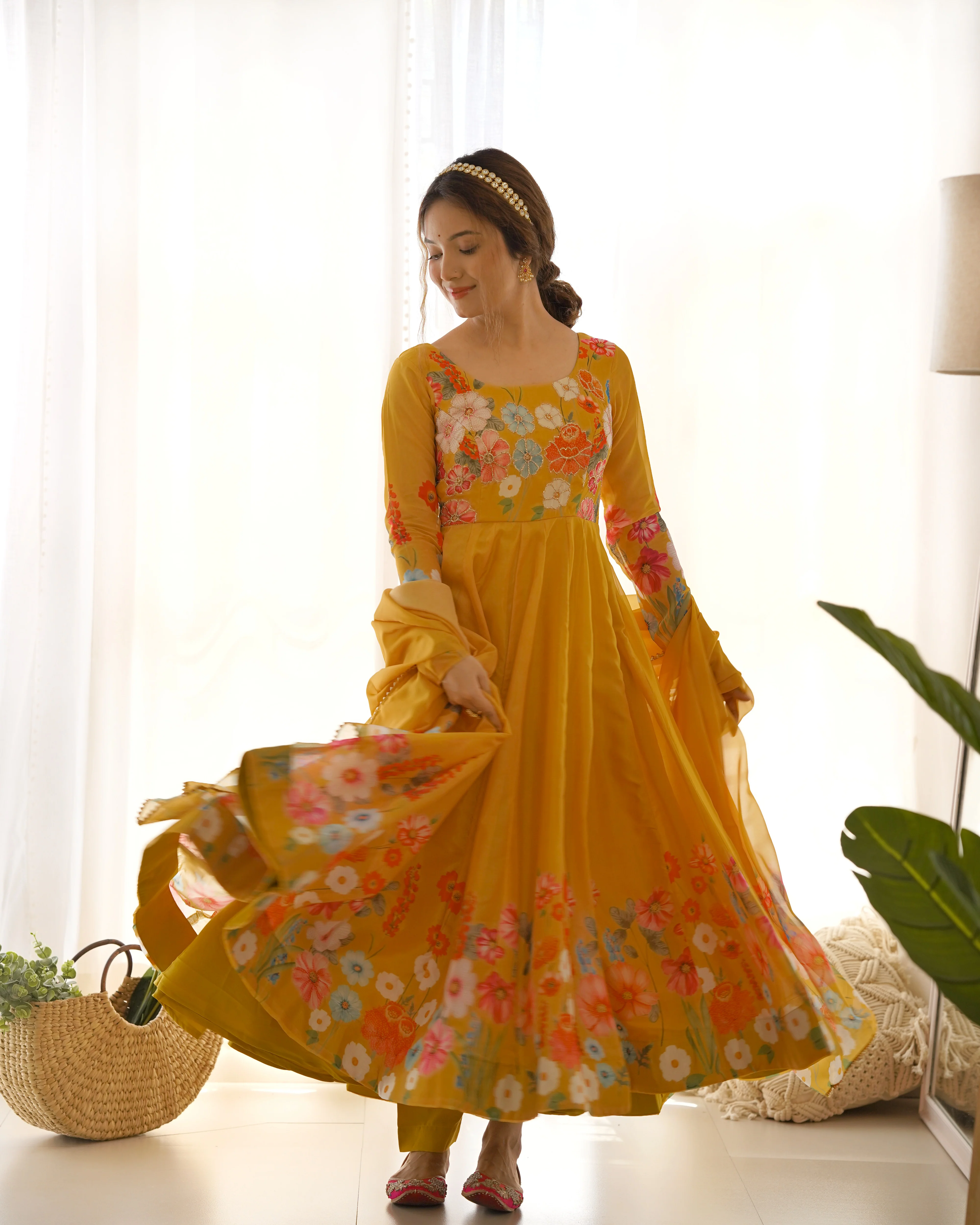 Yellow Color Floral Print Organza Three Piece Anarkali Suit - Image 3