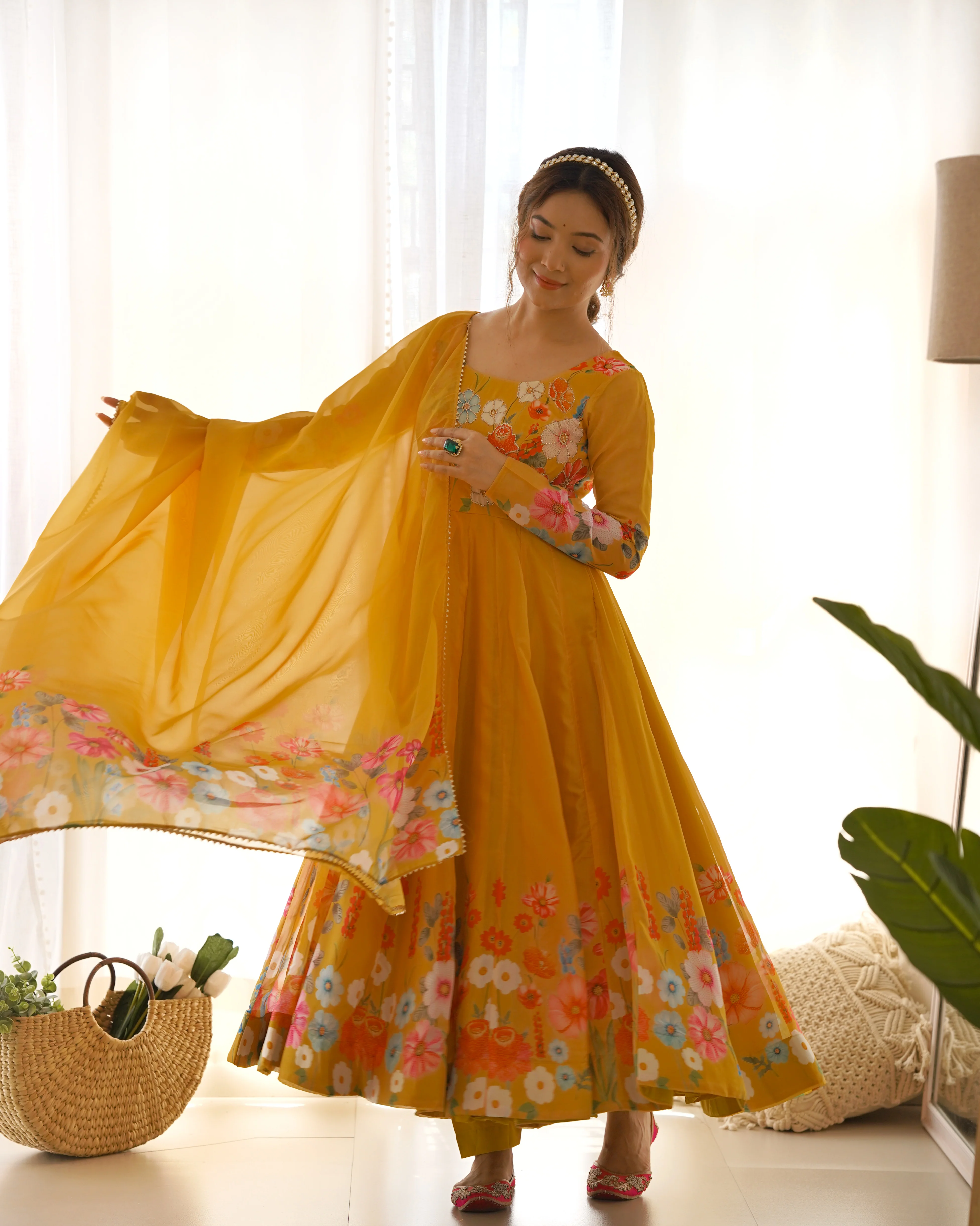 Yellow Color Floral Print Organza Three Piece Anarkali Suit - Image 4