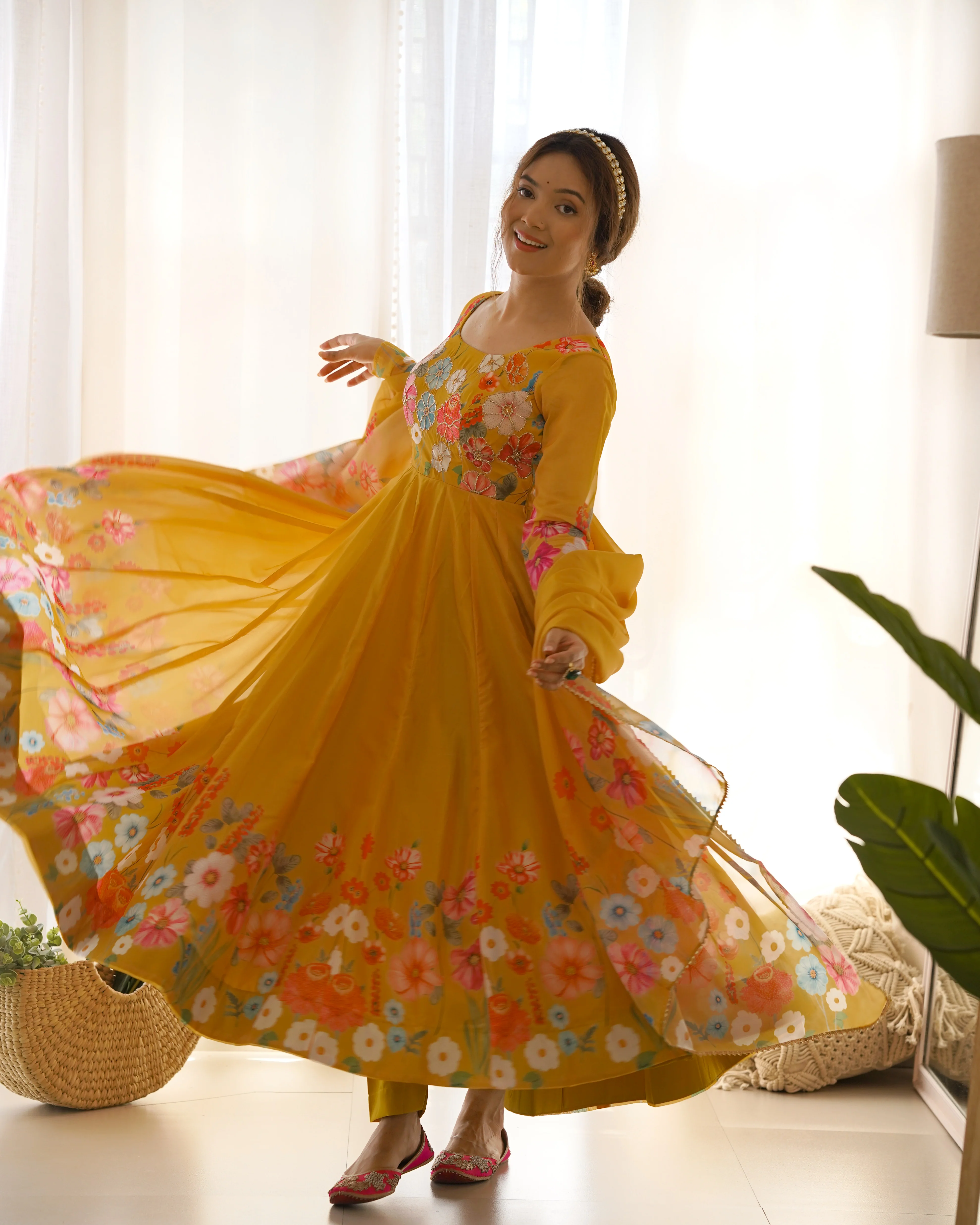 Yellow Color Floral Print Organza Three Piece Anarkali Suit - Image 5