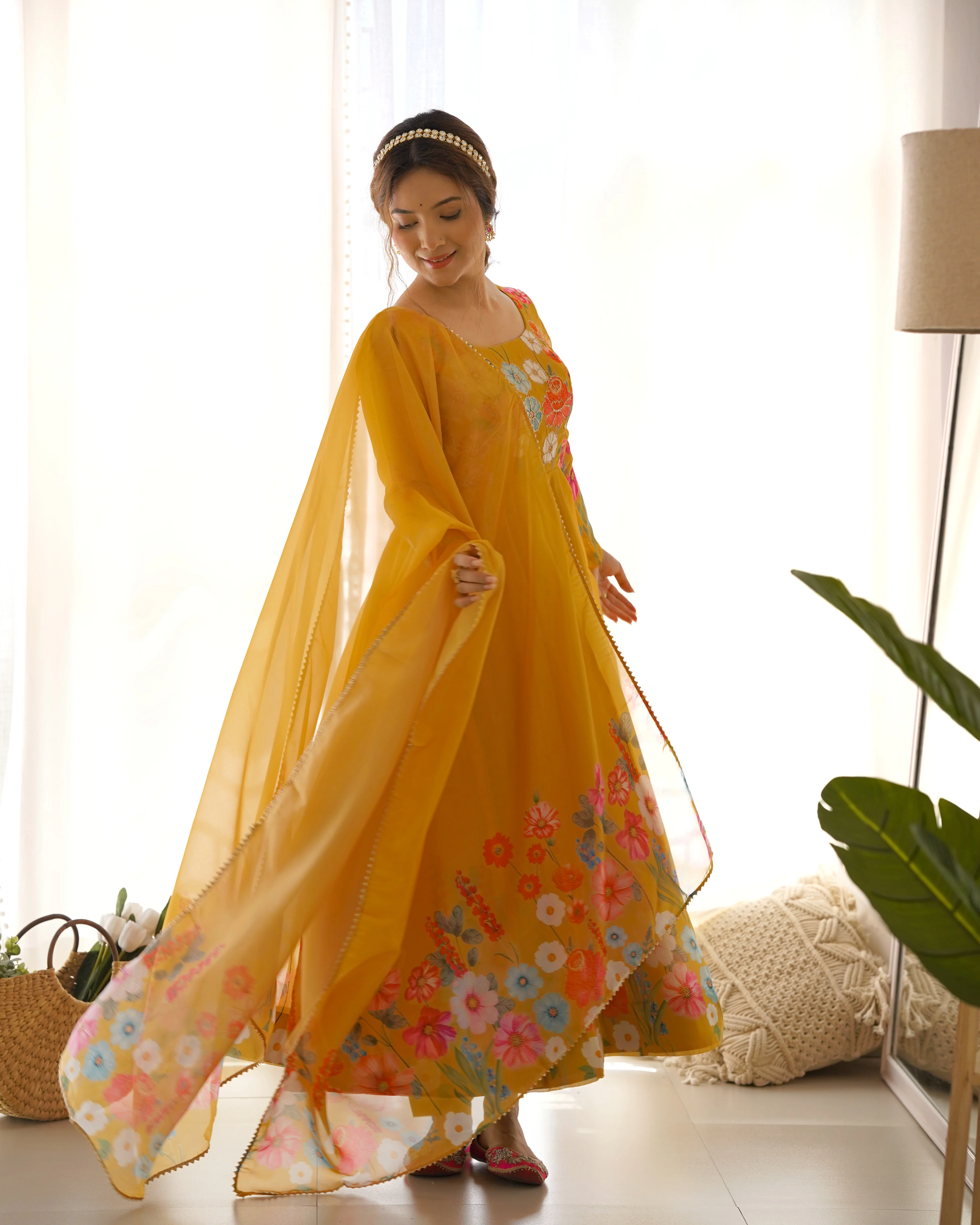 Yellow Color Floral Print Organza Three Piece Anarkali Suit - Image 6