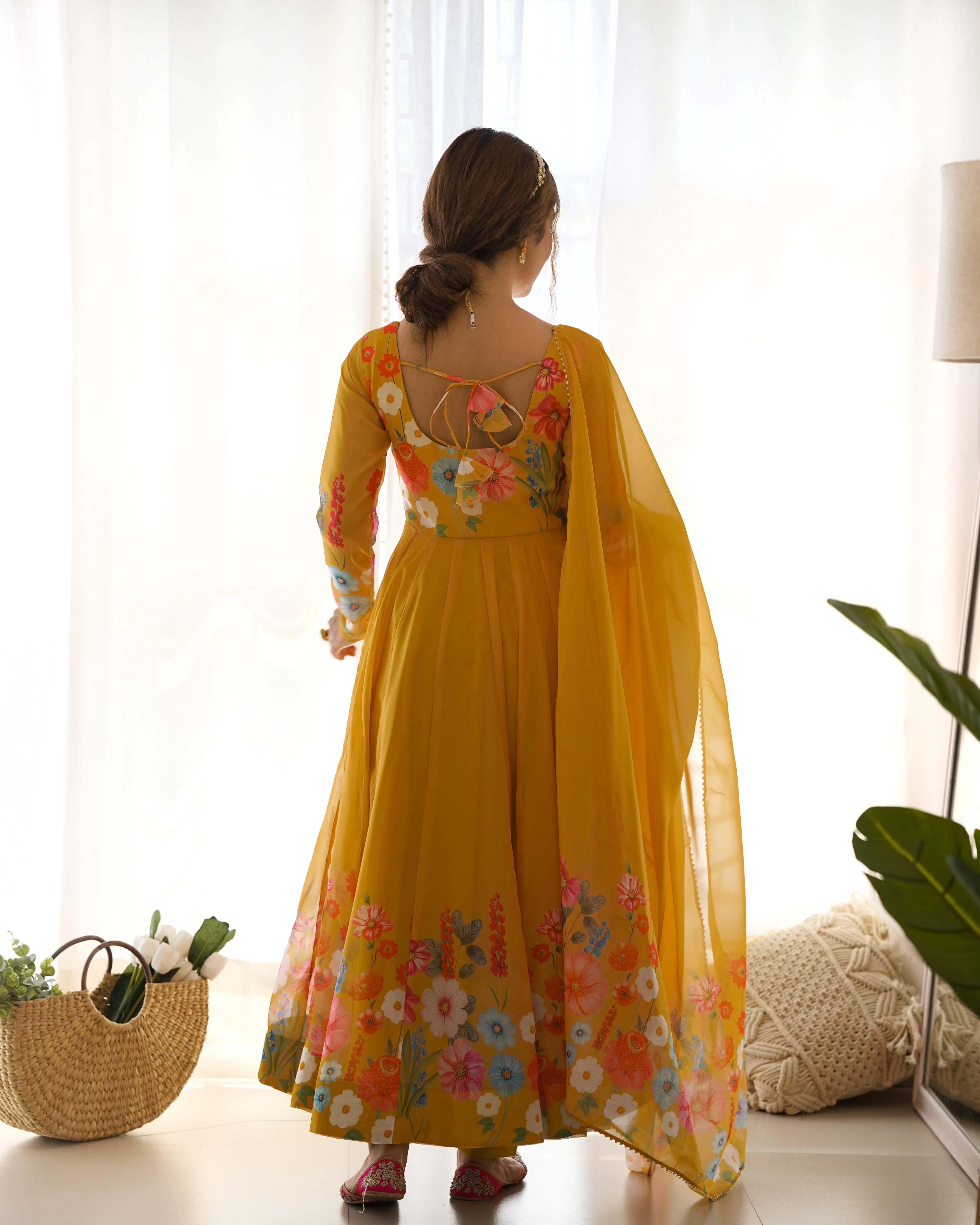 Yellow Color Floral Print Organza Three Piece Anarkali Suit - Image 7