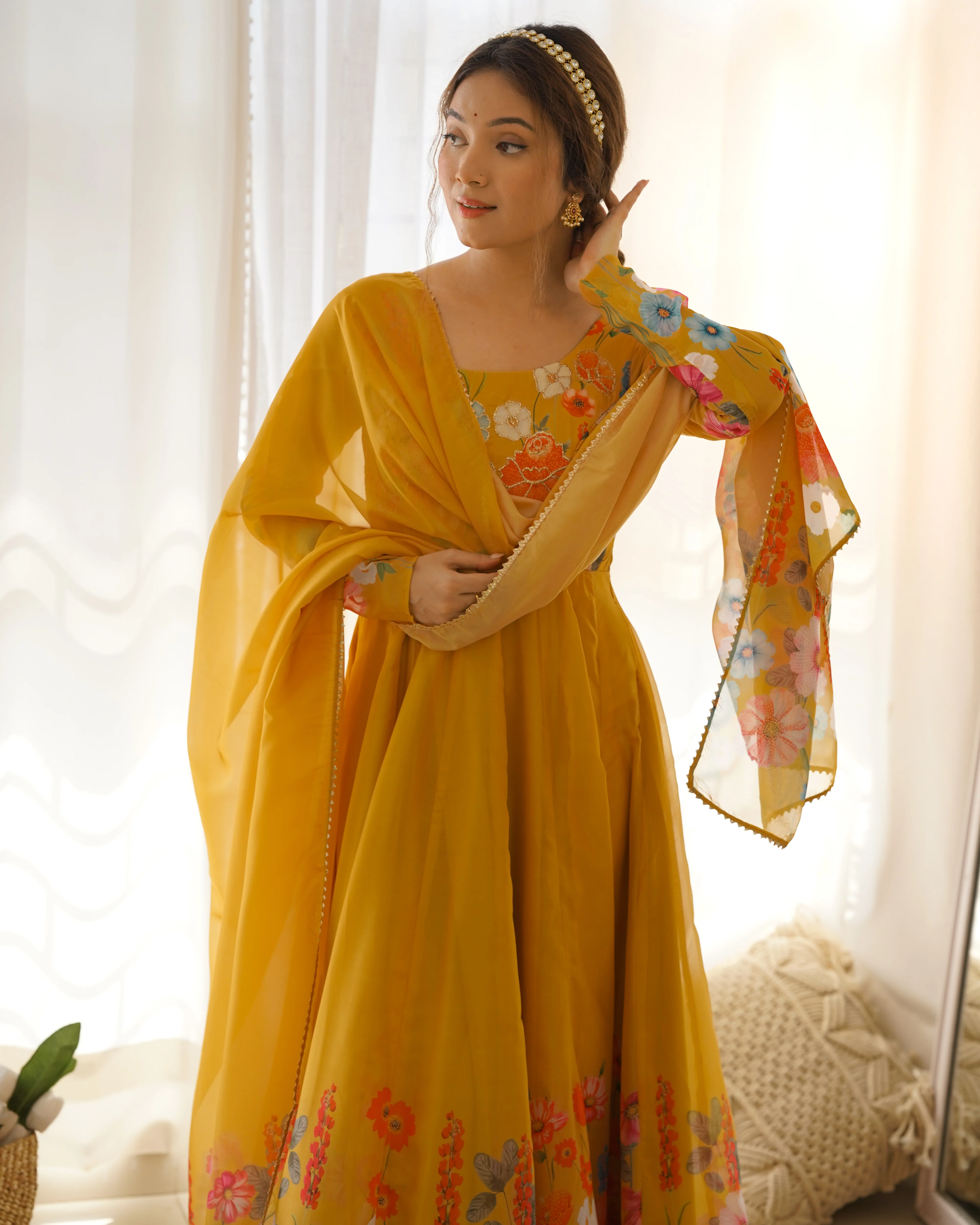 Yellow Color Floral Print Organza Three Piece Anarkali Suit - Image 8