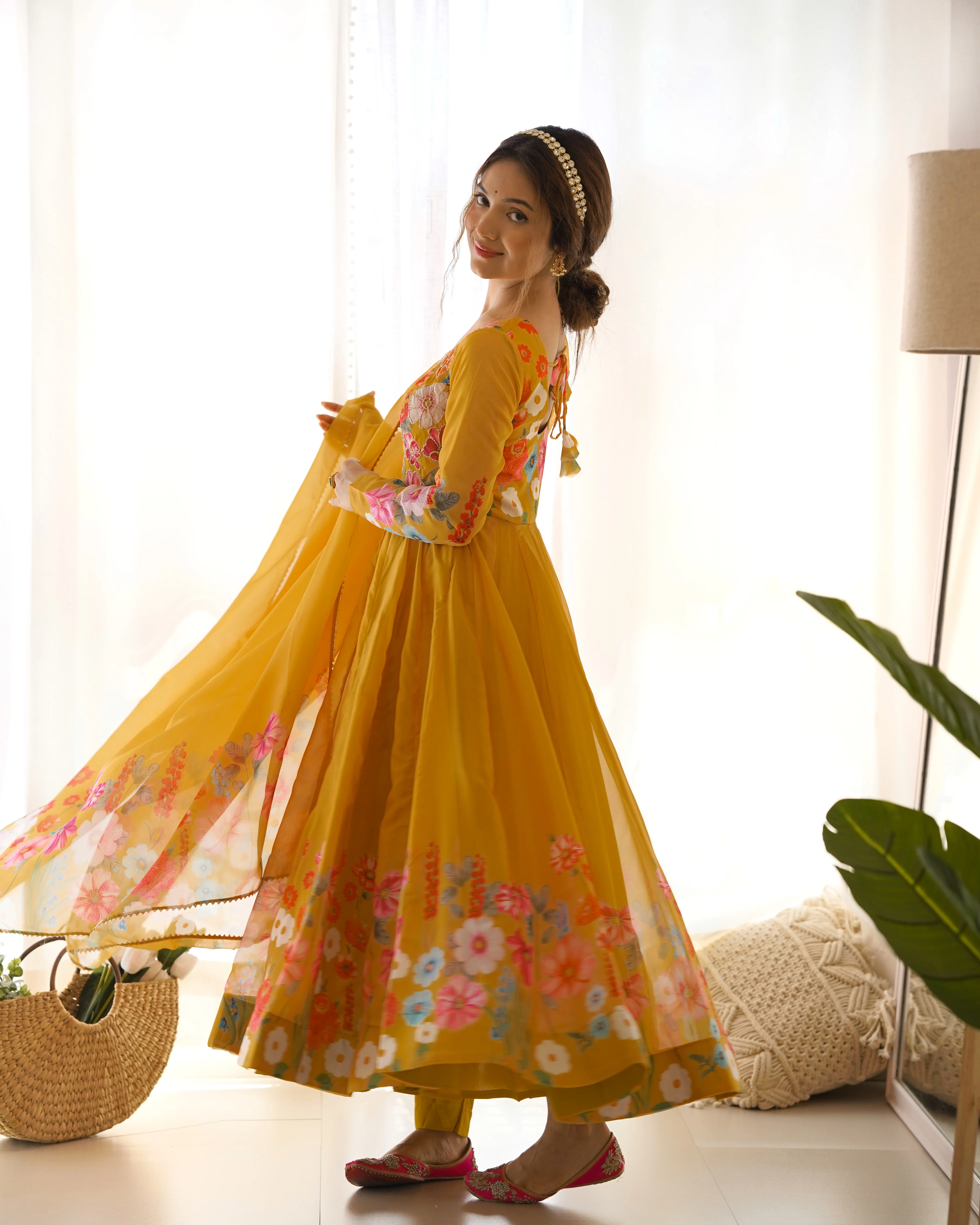 Yellow Color Floral Print Organza Three Piece Anarkali Suit - Image 9