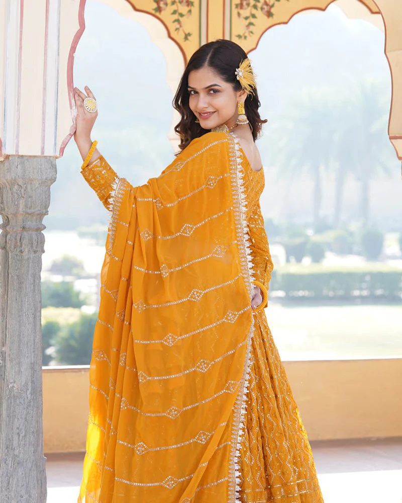 Yellow Color Georgette Heavy Embroidery Threaded Semi Stitched Lehenga Choli - Image 3