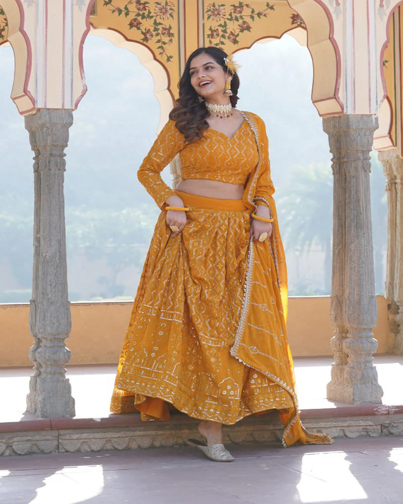 Yellow Color Georgette Heavy Embroidery Threaded Semi Stitched Lehenga Choli - Image 4