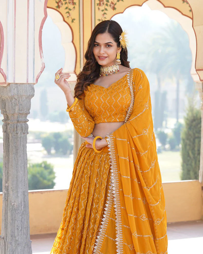 Yellow Color Georgette Heavy Embroidery Threaded Semi Stitched Lehenga Choli - Image 5