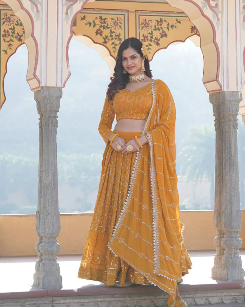 Yellow Color Georgette Heavy Embroidery Threaded Semi Stitched Lehenga Choli - Image 6