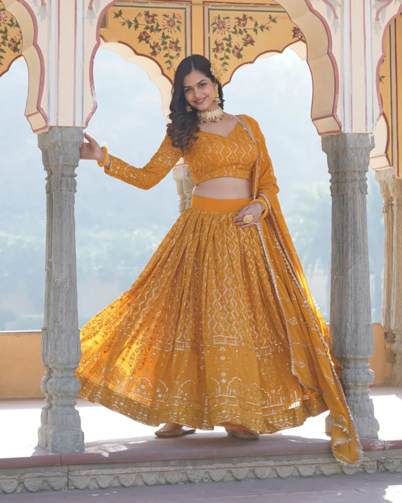 Yellow Color Georgette Heavy Embroidery Threaded Semi Stitched Lehenga Choli - Image 7