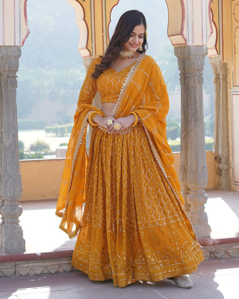 Yellow Color Georgette Heavy Embroidery Threaded Semi Stitched Lehenga Choli - Image 8