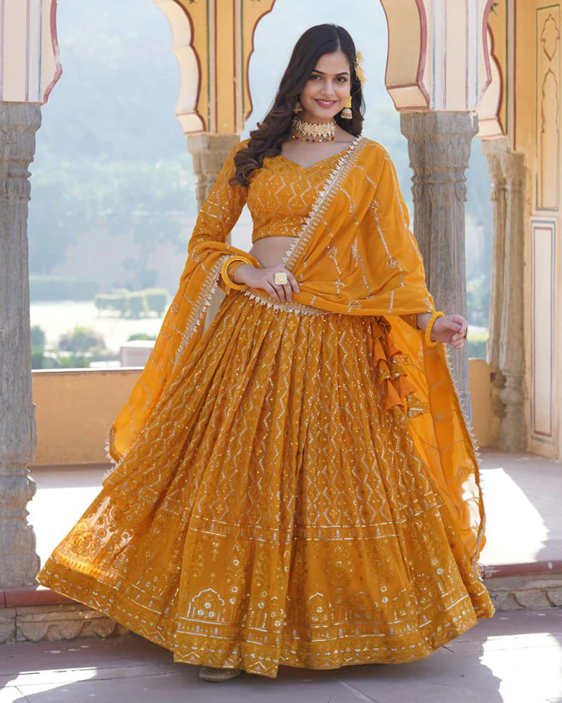 Yellow Color Georgette Heavy Embroidery Threaded Semi Stitched Lehenga Choli - Image 9