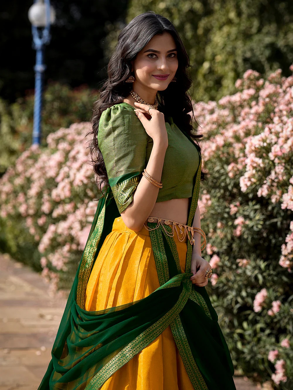 Yellow Color Zari Weaving Work Kanchipuram Haldi Lehenga Choli - Image 3