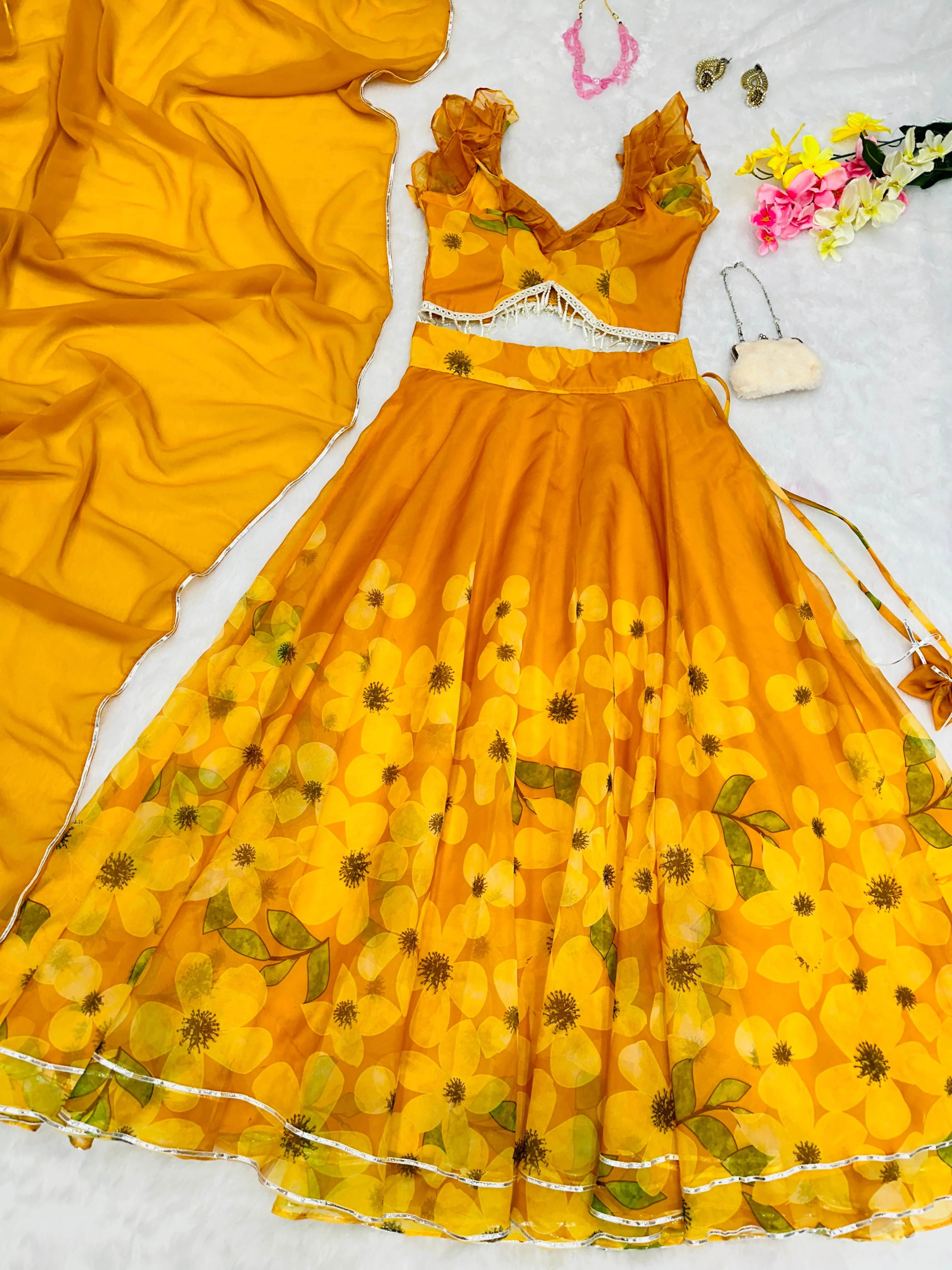 Yellow Organza Silk Flower Printed Lehenga Choli - Image 3