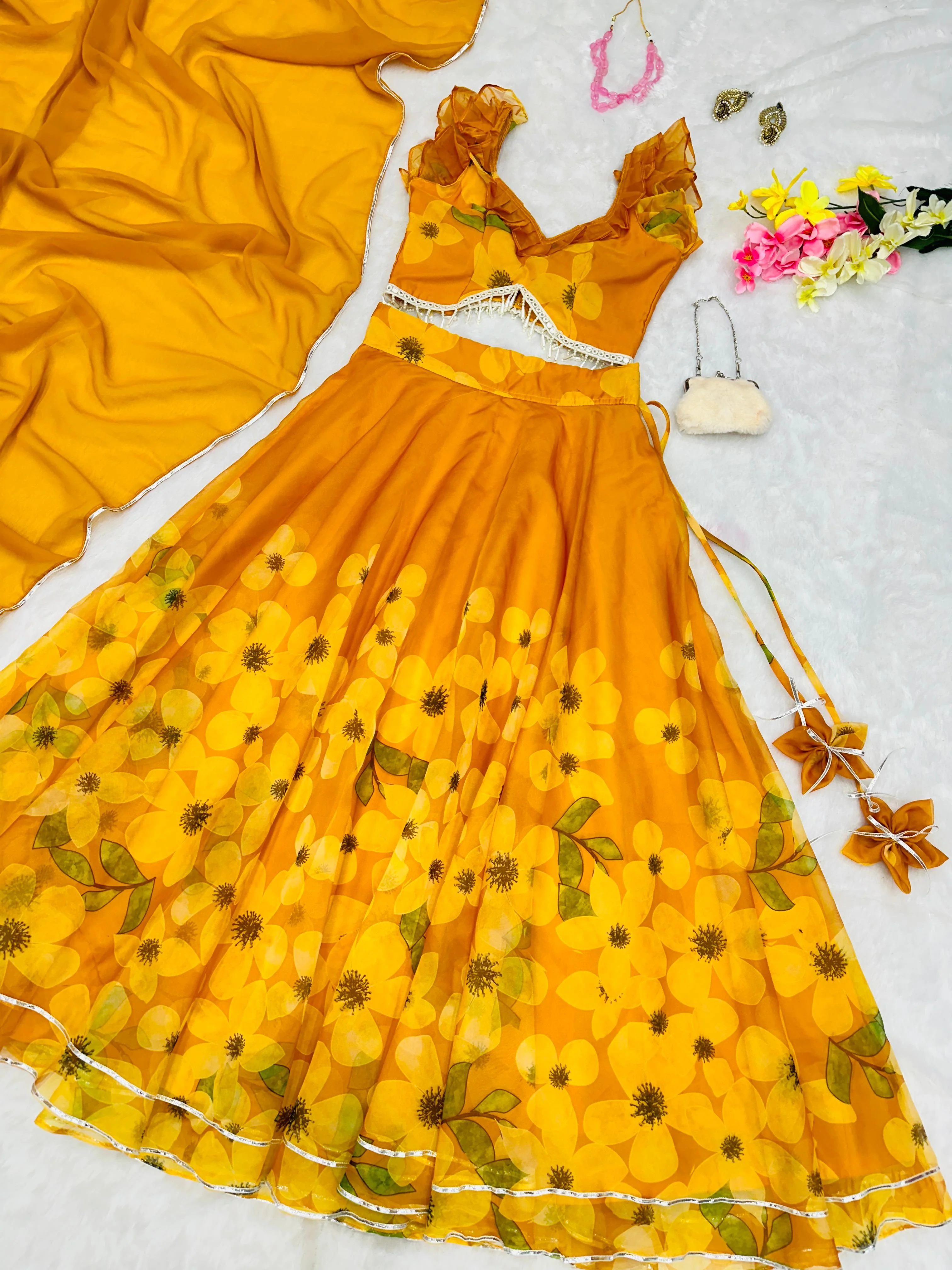 Yellow Organza Silk Flower Printed Lehenga Choli - Image 4